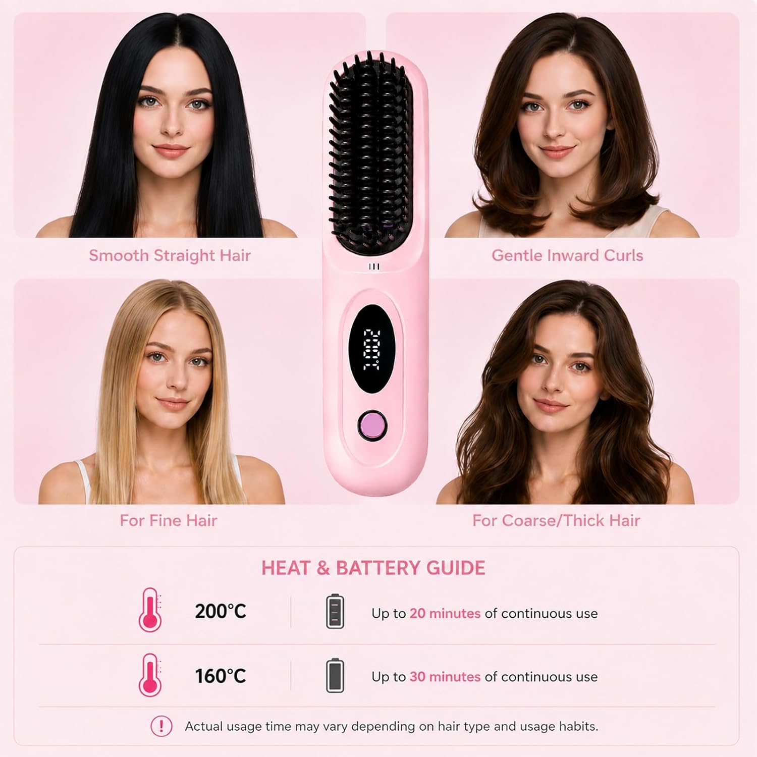 Go Brush Pro for Short Hair, Hair Straightener Brush for Women, 2026 Upgraded Cordless Ceramic Straightening Brush, Portable Electric Hot Comb with 1-Min Fast Heat, 4000mAh Type-C Rechargeable