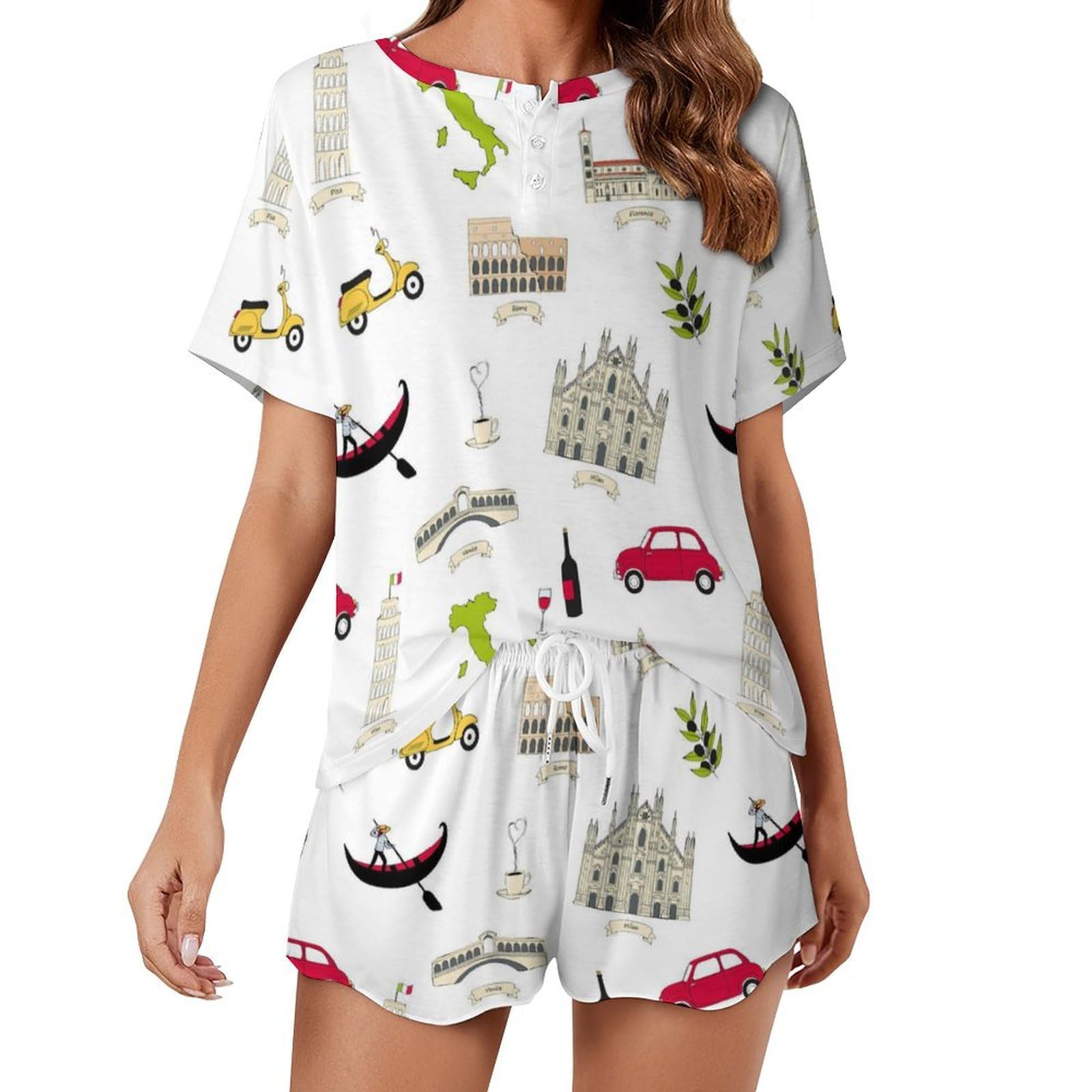 Ahdyr Famous Italian Landmarks Pajamas Set Womens Short Sleeve Loungewear Sleepwear 2 Piece Pjs
