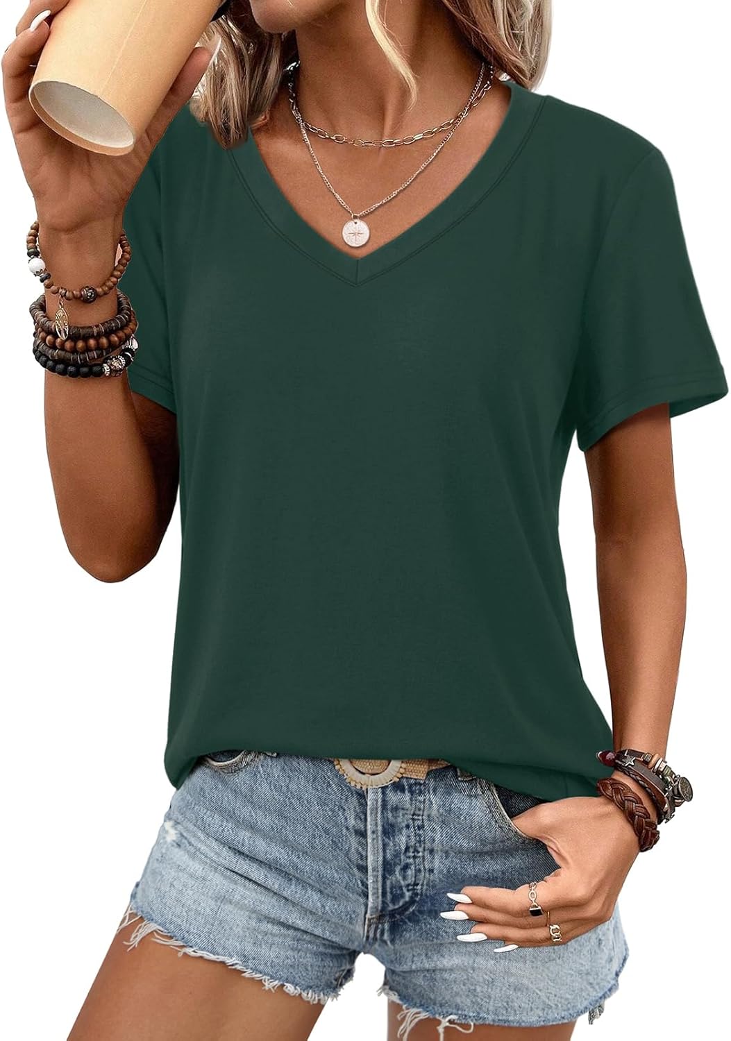 ATHMILE Womens V Neck Short Sleeve Summer T Shirts Curved Hem Plain Top Beach