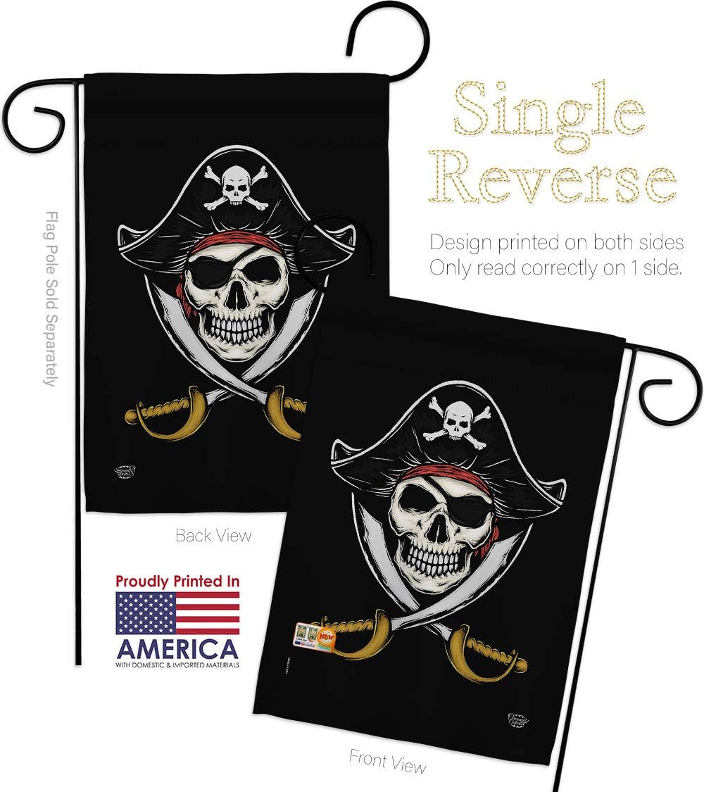 Pirates Garden Flag Set Wall Holder Coastal Pirate Ship Skull Treasure Map Carribean Jolly Blackbeard Jack Small Decorative Gift Yard House Banner Made In USA 13 X 18.5