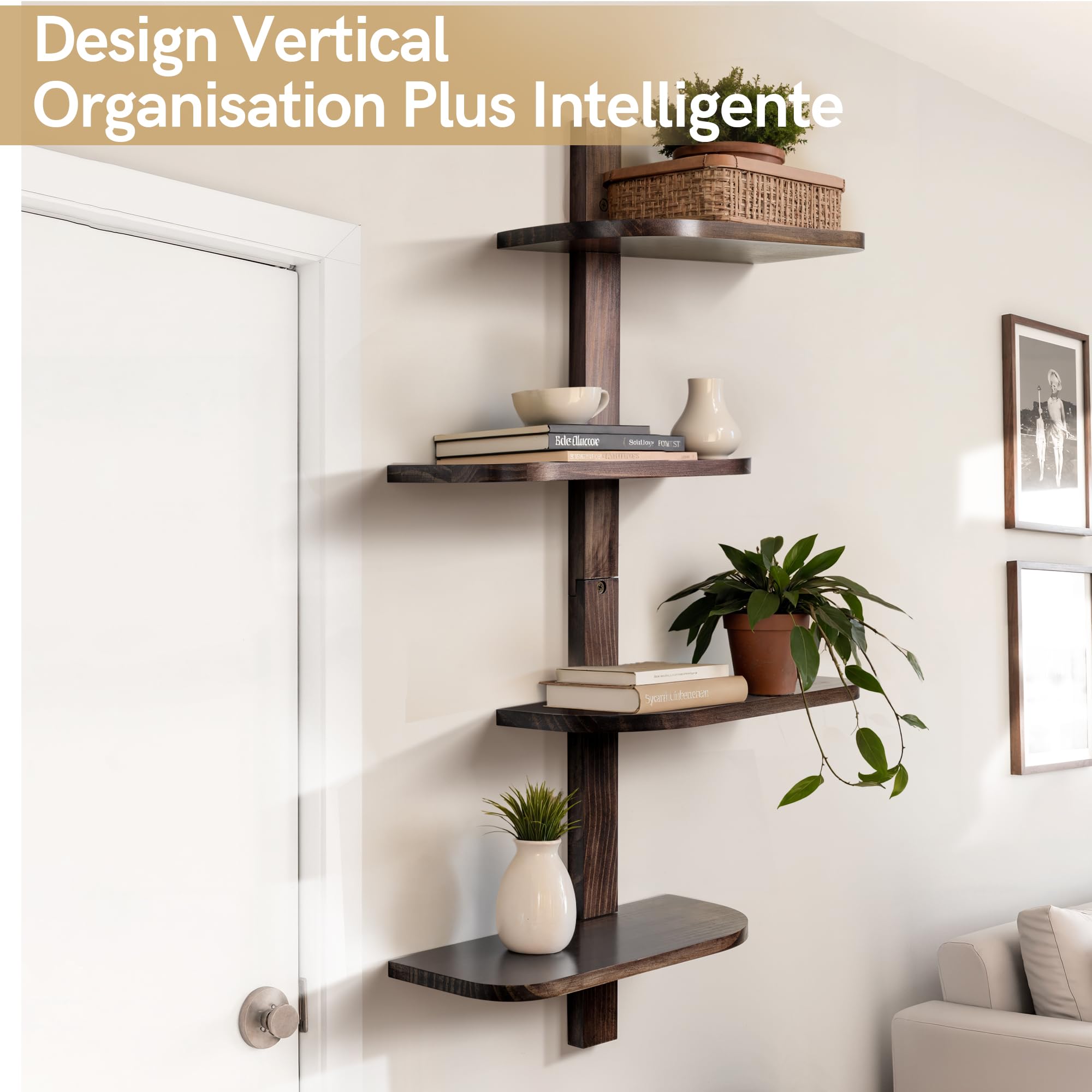 Afuly Étagère Murale Verticale 4 Niveaux en Bois Marron, Gain de Place | Bois massif, angles arrondis, rangement vertical pour plantes, livres et déco, salle de bain, cuisine et salon