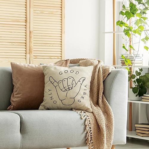 Miniatura 5 de Good Vibes Only Aloha Hand Gesture Hang Hand Symbol Motivacional Sign Cotton Linen Home Funda de cojín decorativa con palabras para sofá 16 x 16