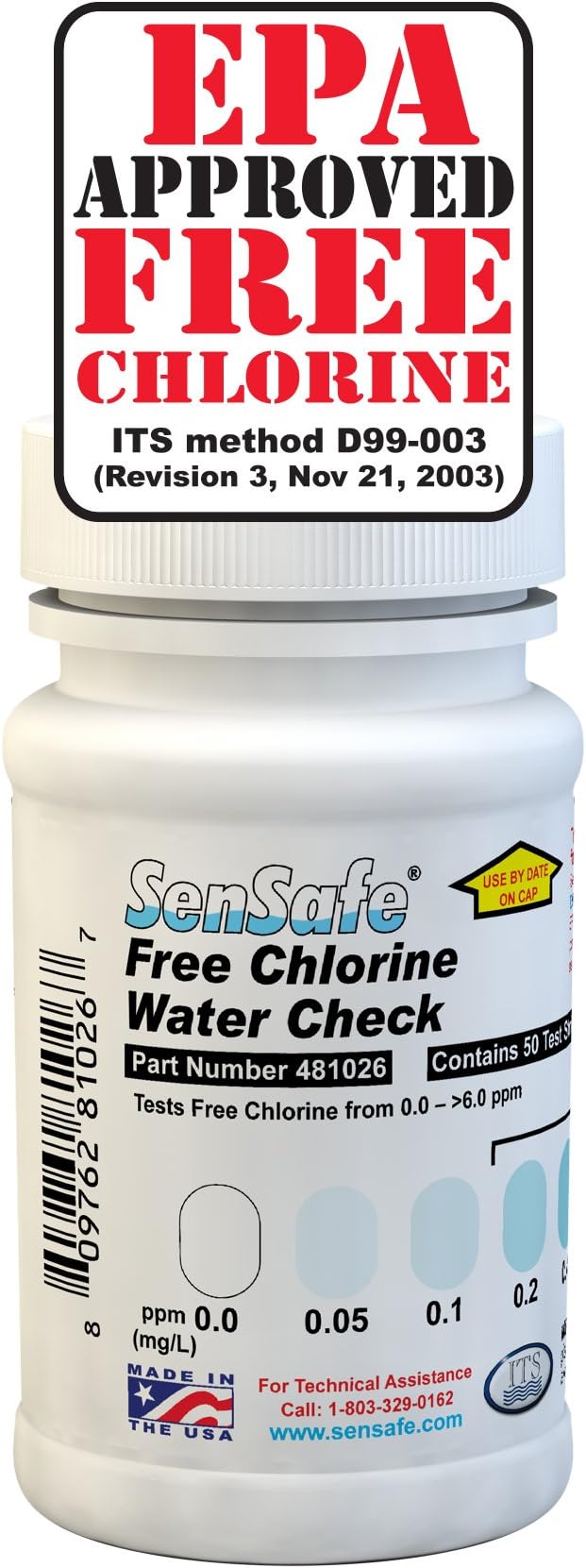 Industrial Test Systems SenSafe 481026 Free Chlorine Test Strip | USEPA Approved Method D99-003 | 0-6ppm | 0.05ppm Detection | No Bleach-Out | Bottle of 50 | Drinking Water, Food Service, Restaurant