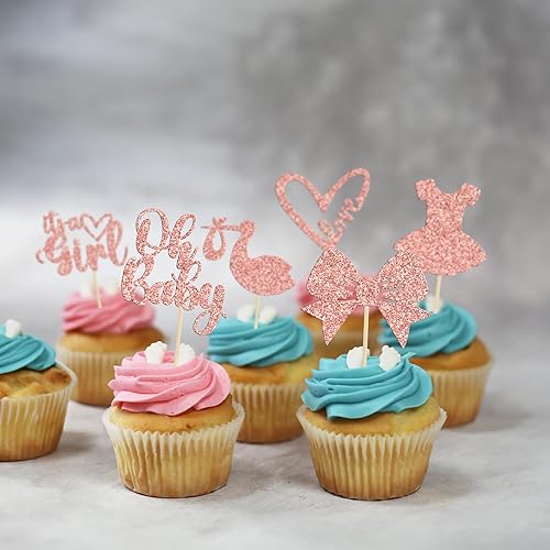 Miniatura 6 de Gyufise Paquete de 36 adornos para cupcakes con texto en inglés "It's a Girl" con lazo y corazón, oro rosa, purpurina para pasteles, decoraciones