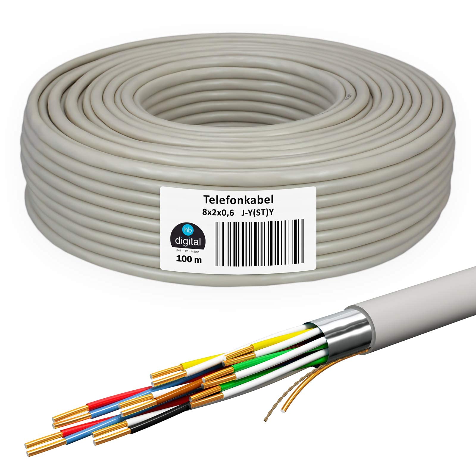 HB - Cable telefónico digital (100 m, 8 x 2 x 0,6 J-Y(ST) y 16 cables de teléfono)