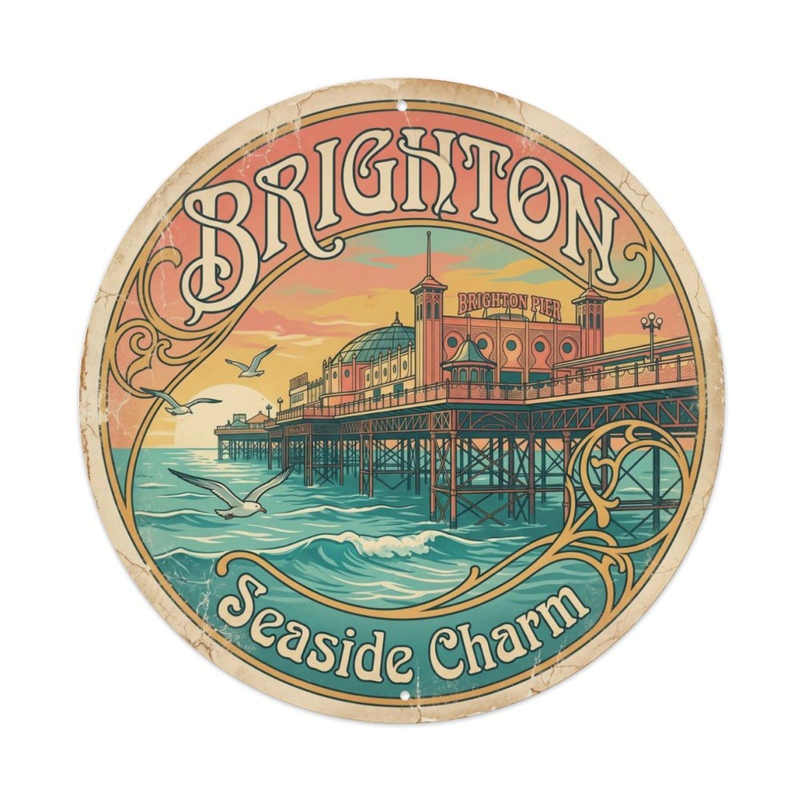 Fqcyn Style Vintage Travel Brighton Pier Seaside Metal Tin Sign Plaque Wall Decor For Cafe, Club Bar, Office, Home Garden Round Metal Poster 8X8inch