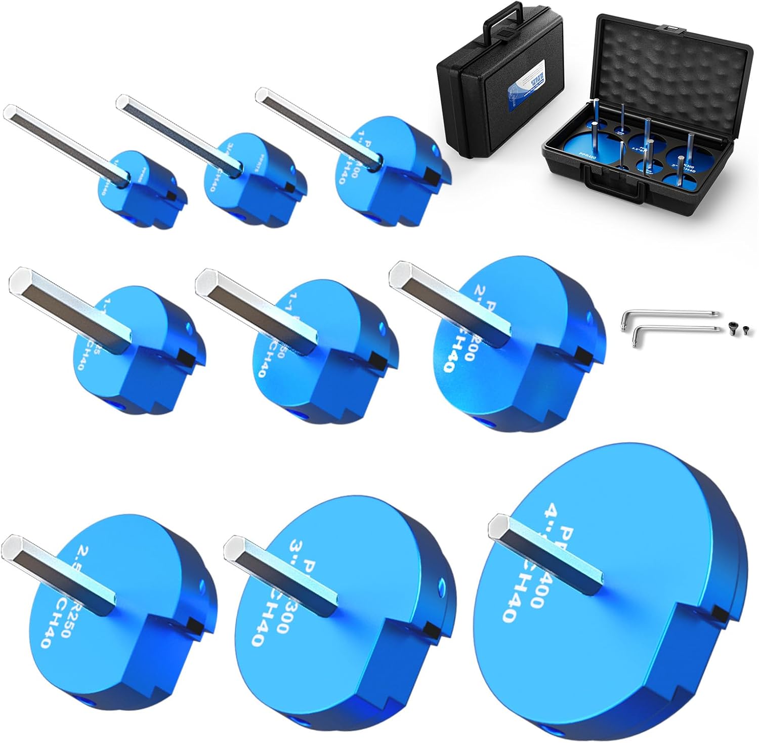 9PCS PVC Pipe Reamer Kit,Conduit Reamer Tool (1/2" to 4"),4-Sided Carbide Aluminum Pipe Fittings Set,Socket Saver for Schedule 40 PVC & ABS Pipes Fits Standard 1/2" Drills