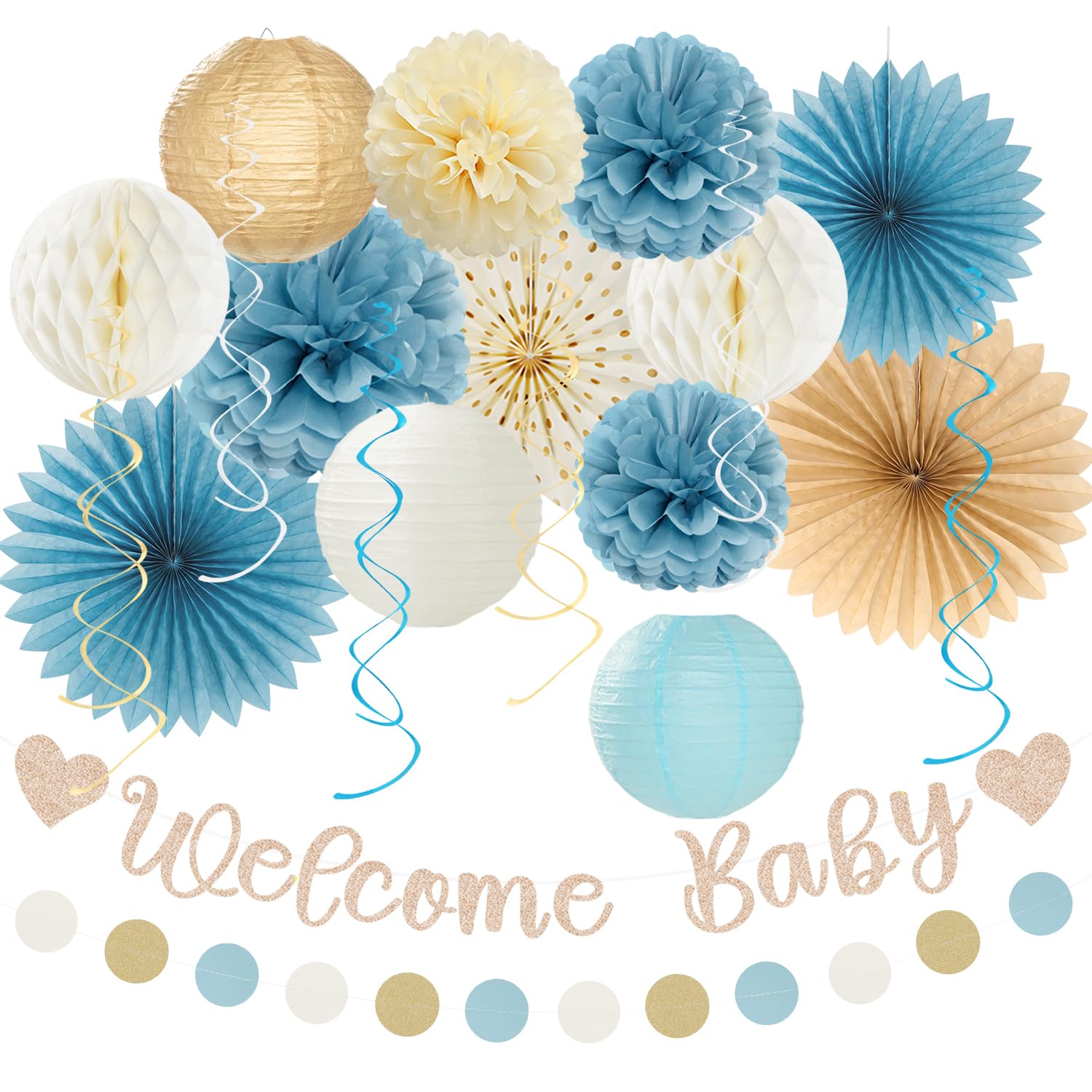 Light-Dusty Blue Boho Baby Shower Party-Decorations - 21pcs Beige Champagne Boy Neutral Welcome Baby Banner Decor,Paper Lanterns Pom Poms Fan Supplies