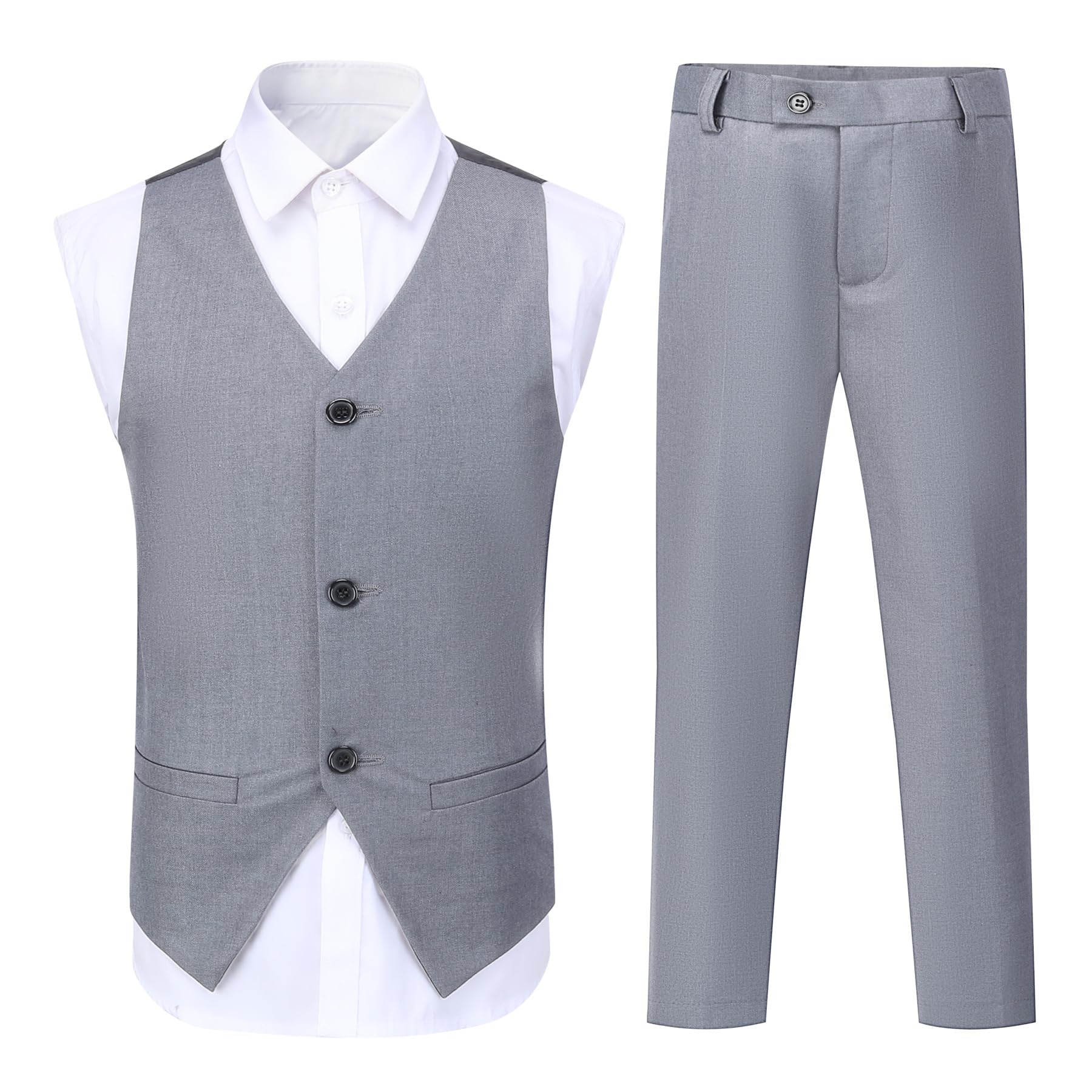 Sliktaa Tuta da bambino, 3 pezzi, con bottone a risvolto, per matrimonio, compleanno, festa, ballo, performance, blazer gilet, pantaloni multicolor, grigio., 10 anni