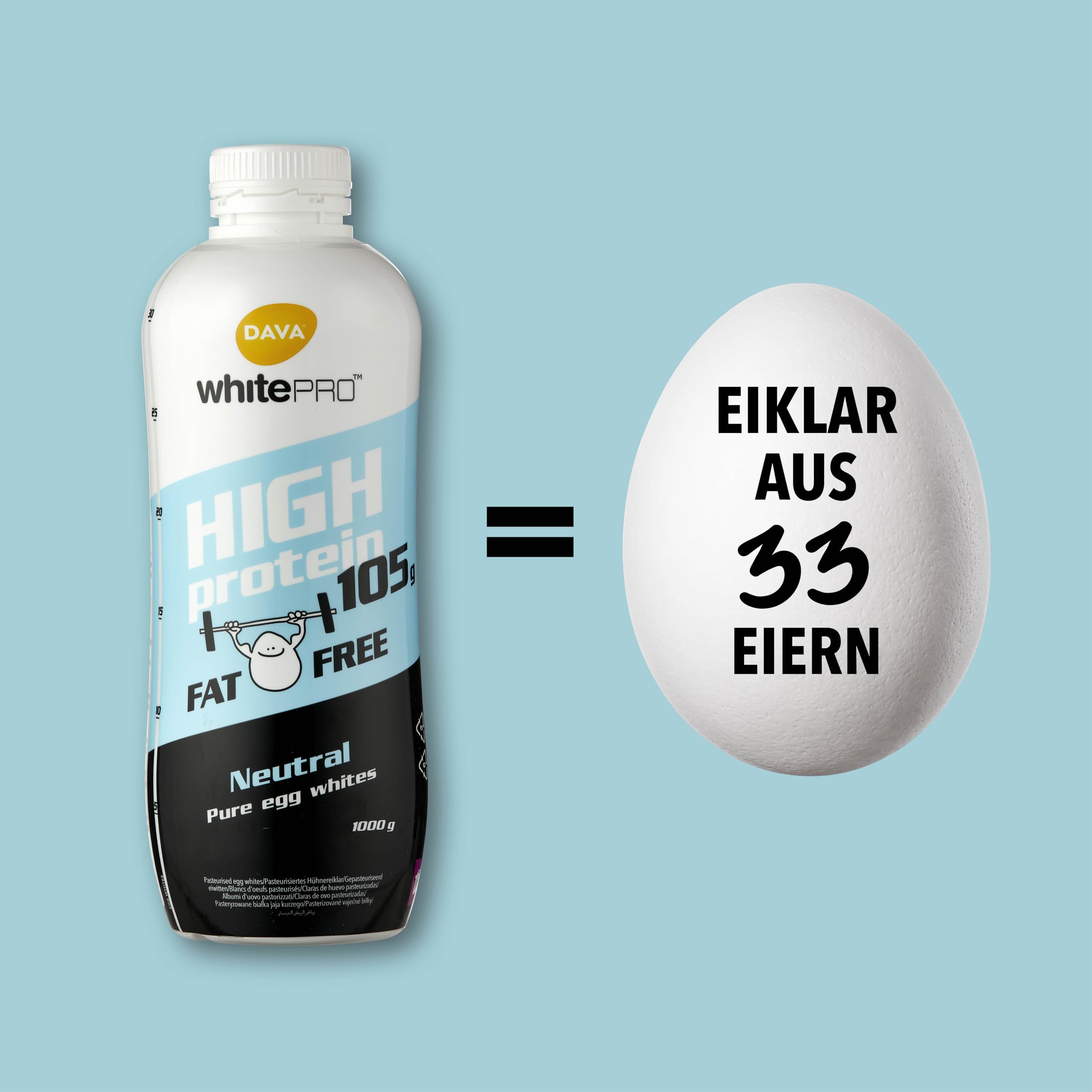DAVA whitePRO™ Flüssiges Eiklar 6x 1kg Flaschen – 105 g reines Eiweiß pro Flasche DAVA whitePRO Barn Egg Whites 1 kg