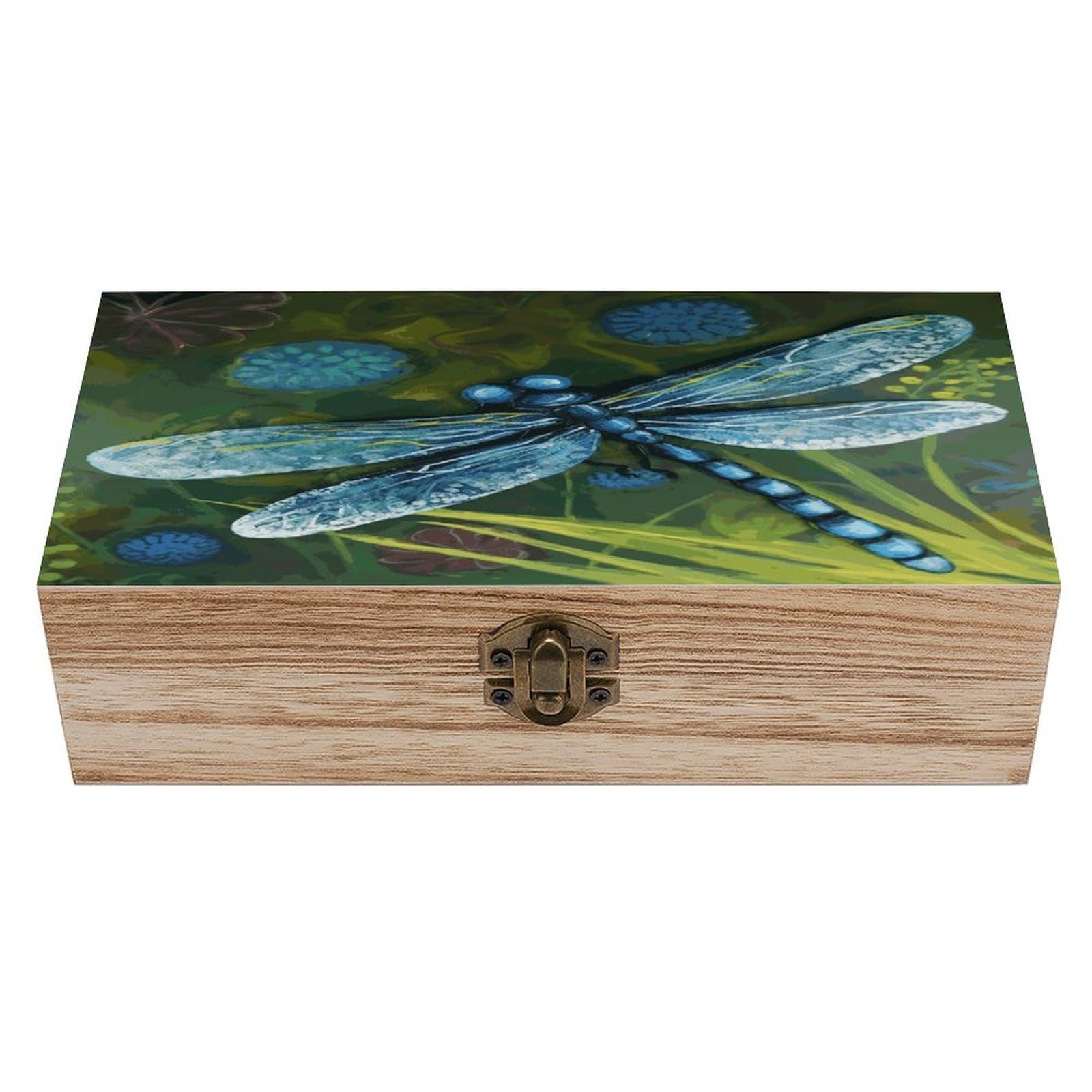 JTREHY Hand Painted Blue Dragonfly Wooden Keepsake Box Vintage-Style Wood Keepsake Case with Hinged Lid Solid Wood Boxes Beautifully Memory Treasure Case Vintage-Style Wooden Storage Box