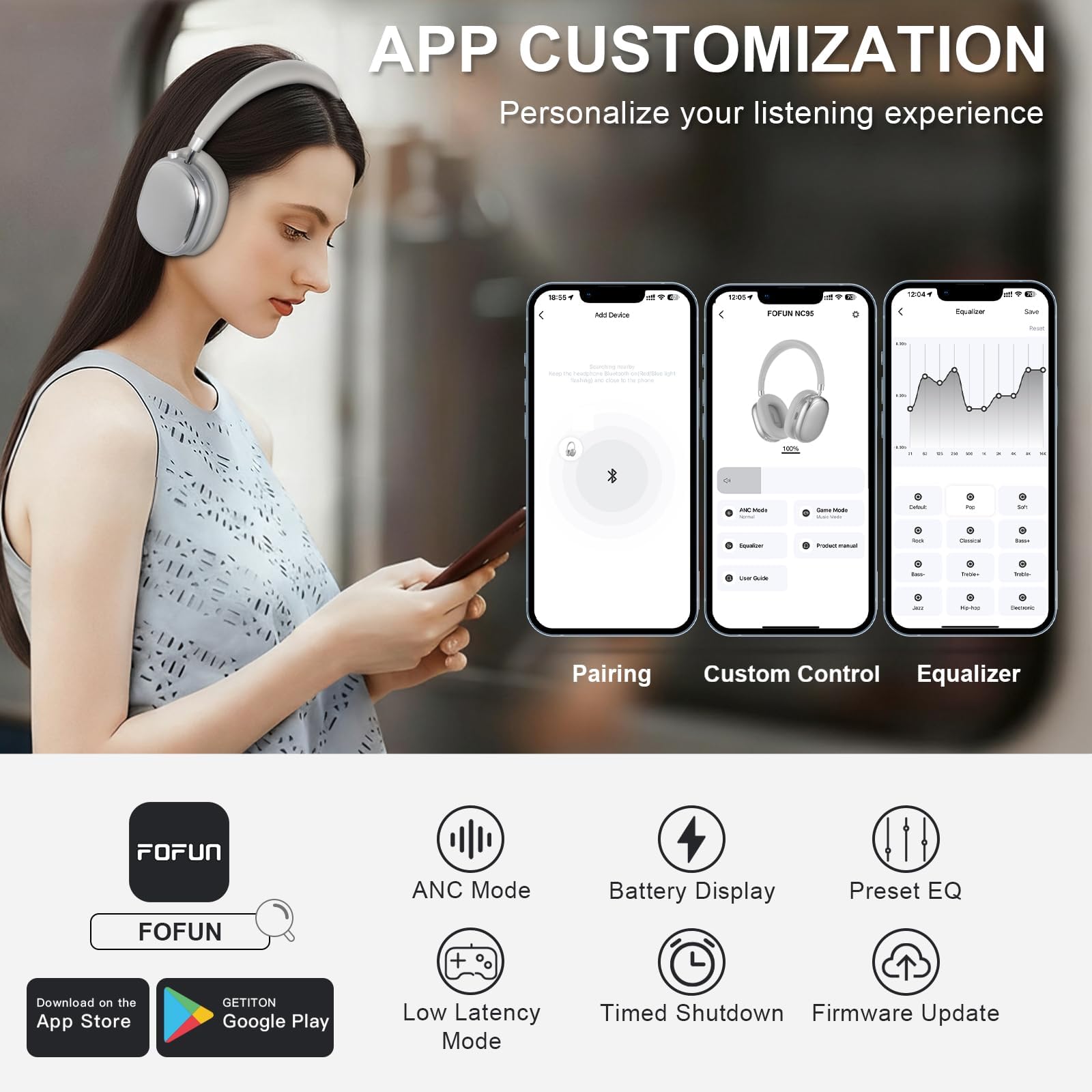 NC95 Auriculares Inalámbricos Bluetooth de Diadema, 120 Horas Reproducción, Cascos Bluetooth con cancelación de Ruido, Personalización vía App,Bluetooth 6.0,Rotación 90° Ajustable (Gris Perla)