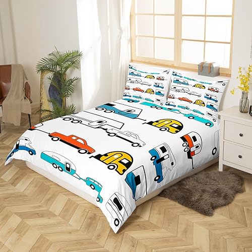 Miniatura 2 de Funda de edredón tamaño Queen, juego de ropa de cama de camping feliz para niños y niñas, funda de edredón con patrón de automóvil, funda de edredón
