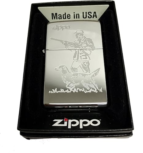 ZippoMechero de Custom cazador y perro grabado en láser con nombre logotipoRegular de alta cromo pulido