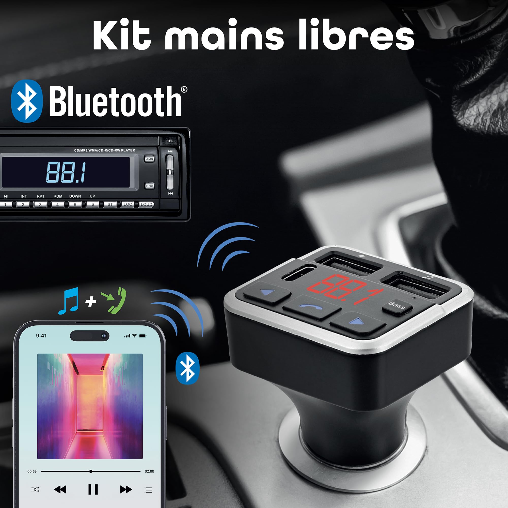 T'nB - Transmisor FM Bluetooth 3 en 1, kit de mano libre integrado, dos puertos USB-A Max y un puerto USB-C - Negro