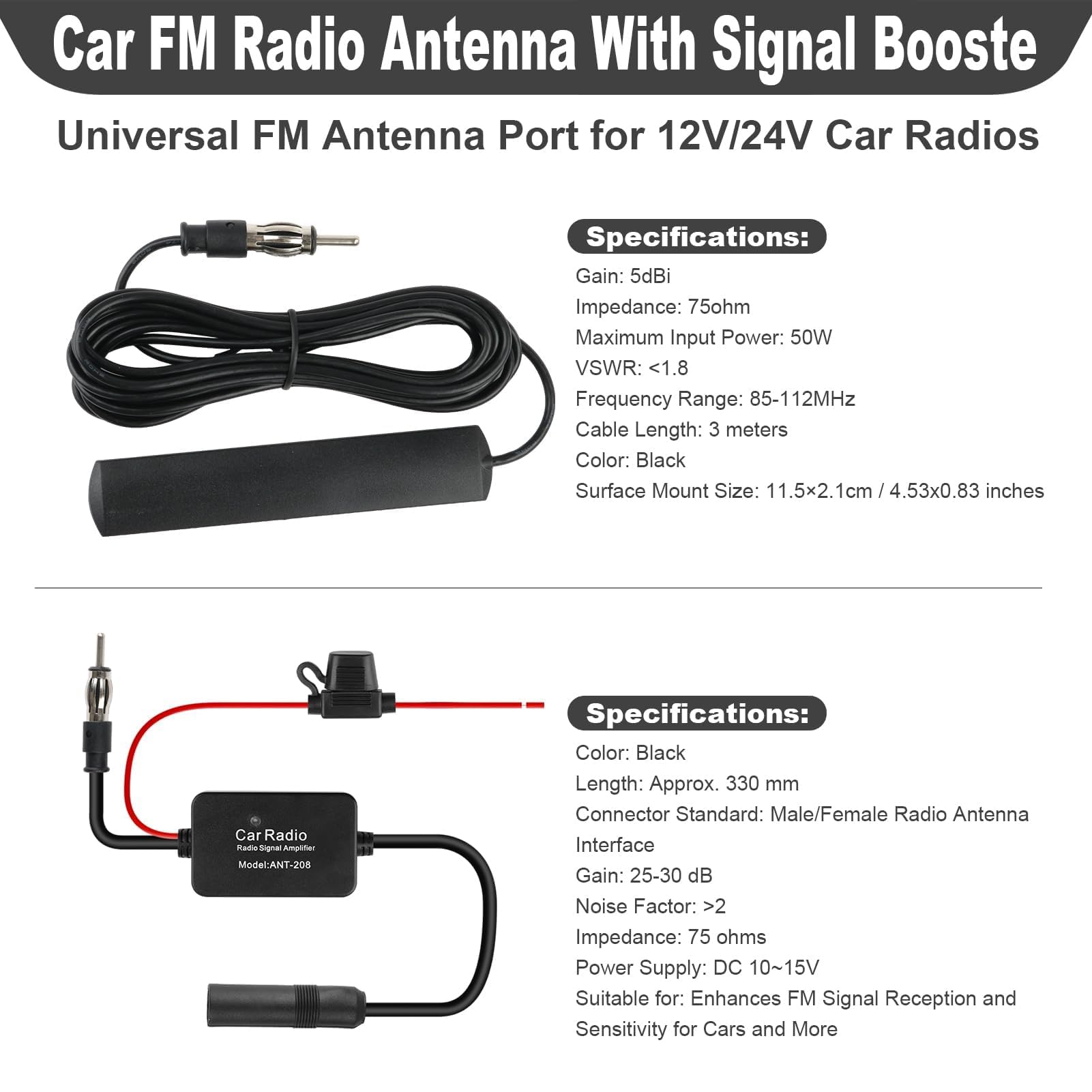12V Amplificatore di Segnale Autoradio, Amplificatore Antenna per Auto FM, Segnale Radio Booster Universale, Segnale Autoradio Per Veicolo Camion Auto Radio