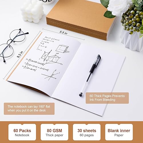 Miniatura 2 de Paquete de 60 cuadernos de papel kraft A5 en blanco, 8.3 x 5.5 pulgadas, diarios de viaje pequeños a granel, 80GSM, 60 páginas30 hojas A5, cuadernos