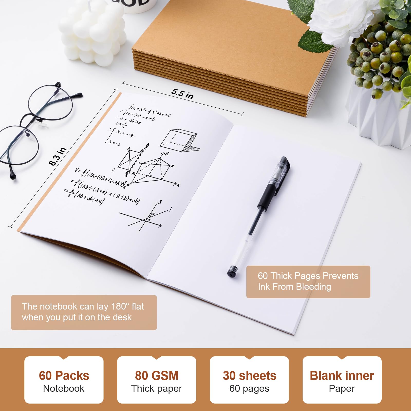 Paquete de 60 cuadernos de papel kraft A5 en blanco, 8.3 x 5.5 pulgadas, cuadernos de viaje pequeños a granel, 80 g/m², 60 páginas/30 hojas, cuadernos de asignaturas A5, juego de diario de viaje para