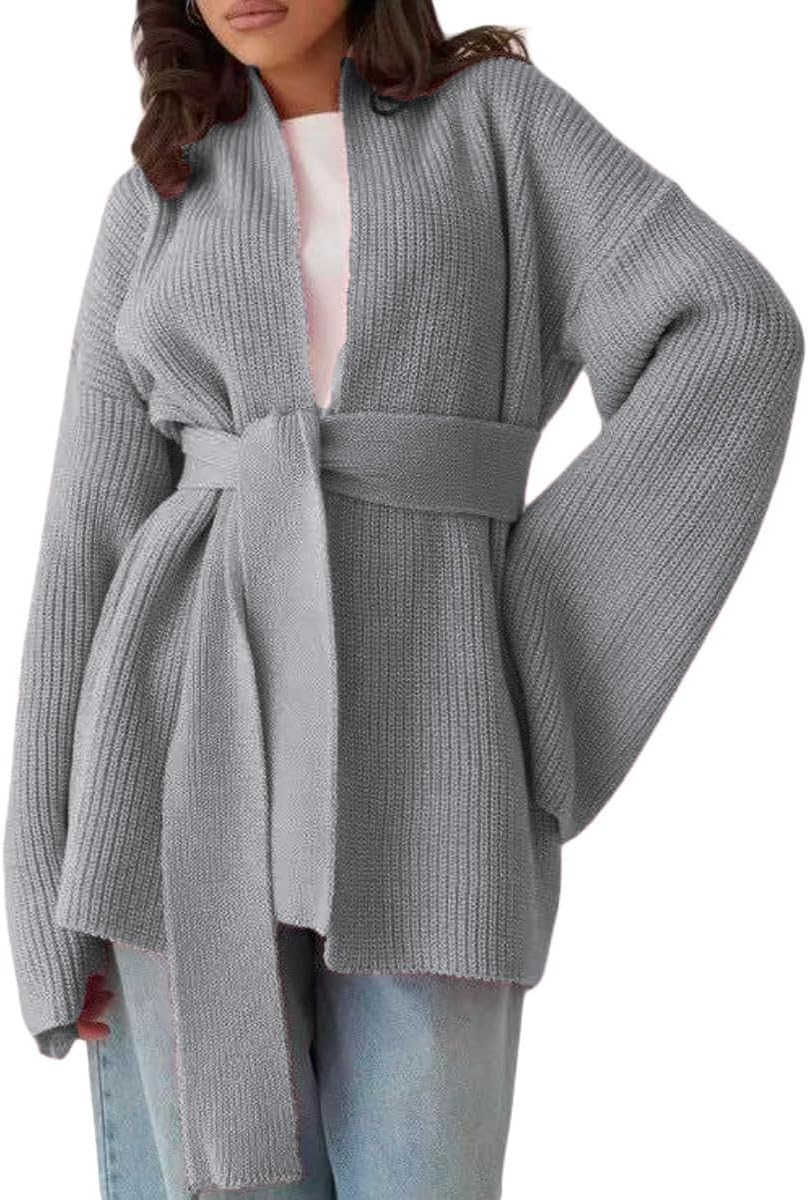 GGUHHU Open Front Cardigan for Women, V-Neck Long Sleeve Solid Color Wrap Sweater Coat with Belt