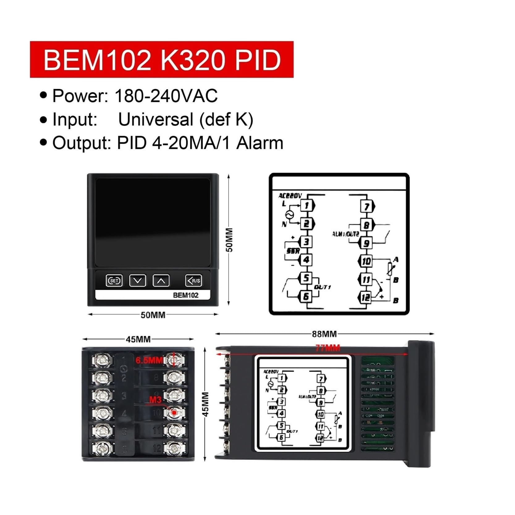 Controlador de temperatura PID BEM102 K320 PID MA Pantalla digital Entrada universal Salida Relé de estado sólido Alarma dual