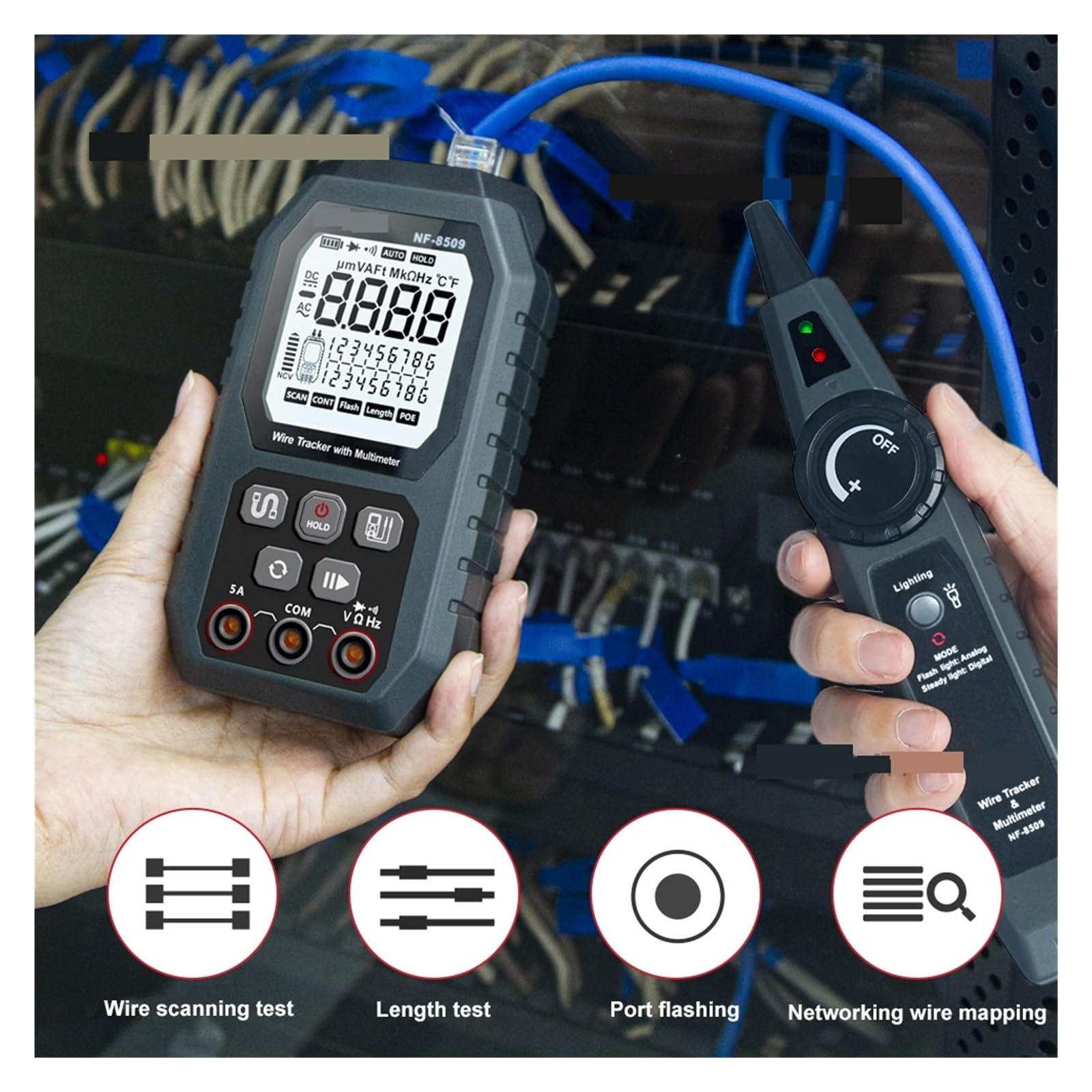 Tester Kabli Sieciowych NF 8509 Do Multimetru Rezystancja Napięcia Prądu Test POE NCV AC DC LCD Wire Tracke Lekki I PrzenośNy