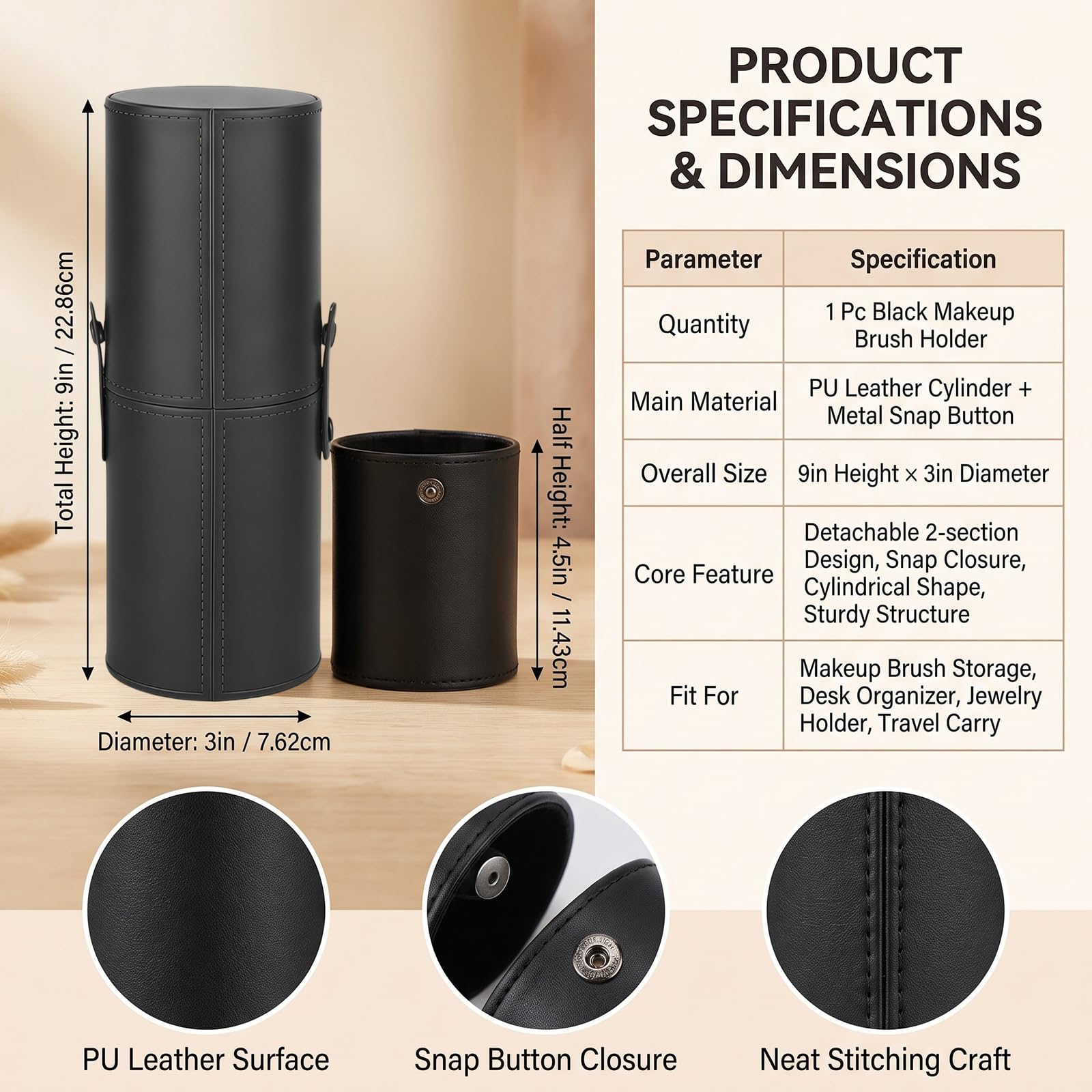 Porta pennelli da trucco vuoto in pelle PU nero con coperchio contenitore per pennelli da viaggio contenitore portatile cosmetici penne organizer per tazze