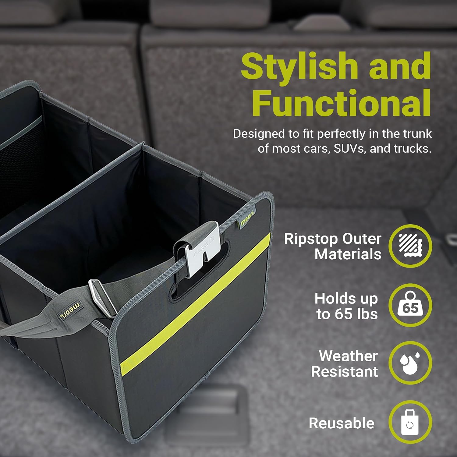 meori Collapsible Trunk Organizer for Car with Shoulder Strap for Groceries, Road Trips, Sports Gear, Car Camping, 2 Compartments