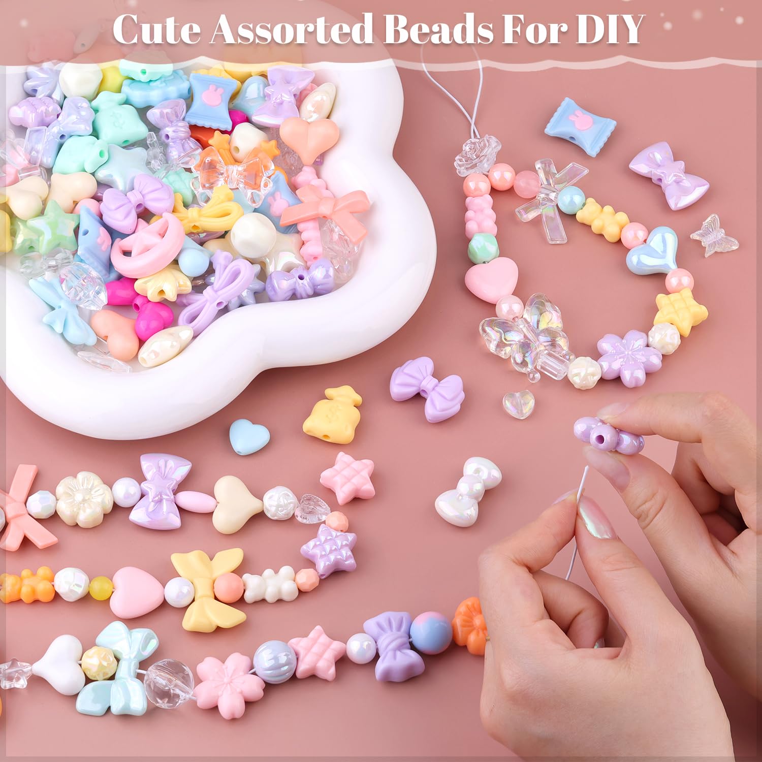 210-270PCS TINKRSTUFF Assorted Acrylic Beads for Bracelet Making, Cute Beads for Jewelry Making Flower Bow Butterfly Candy GummyBear Aesthetic Bracelet Charms, DIY Necklace Keychain Phone Charm: Macaroon Color