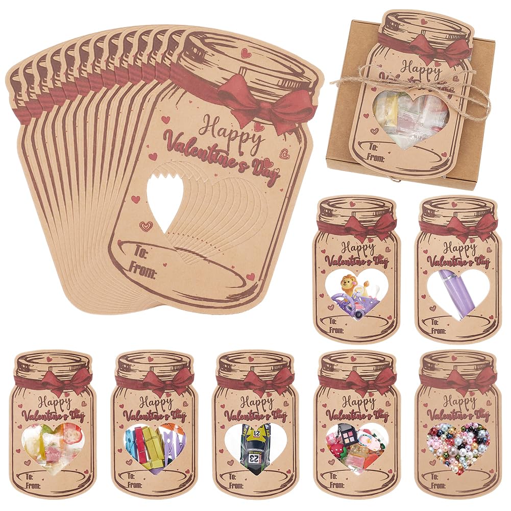 AHANDMAKER 72Pcs Valentines Day Candy Cards Mason Jar Valentines Day Cards with Candy Bags Bottle Shape Paper Exchange Card for School Classroom Prize Party Gifts Favor Supplies