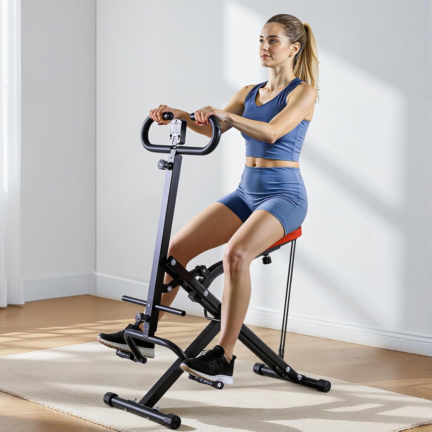 A woman performing a squat on the VEVOR Squat Machine, viewed from the side, demonstrating the full range of motion.