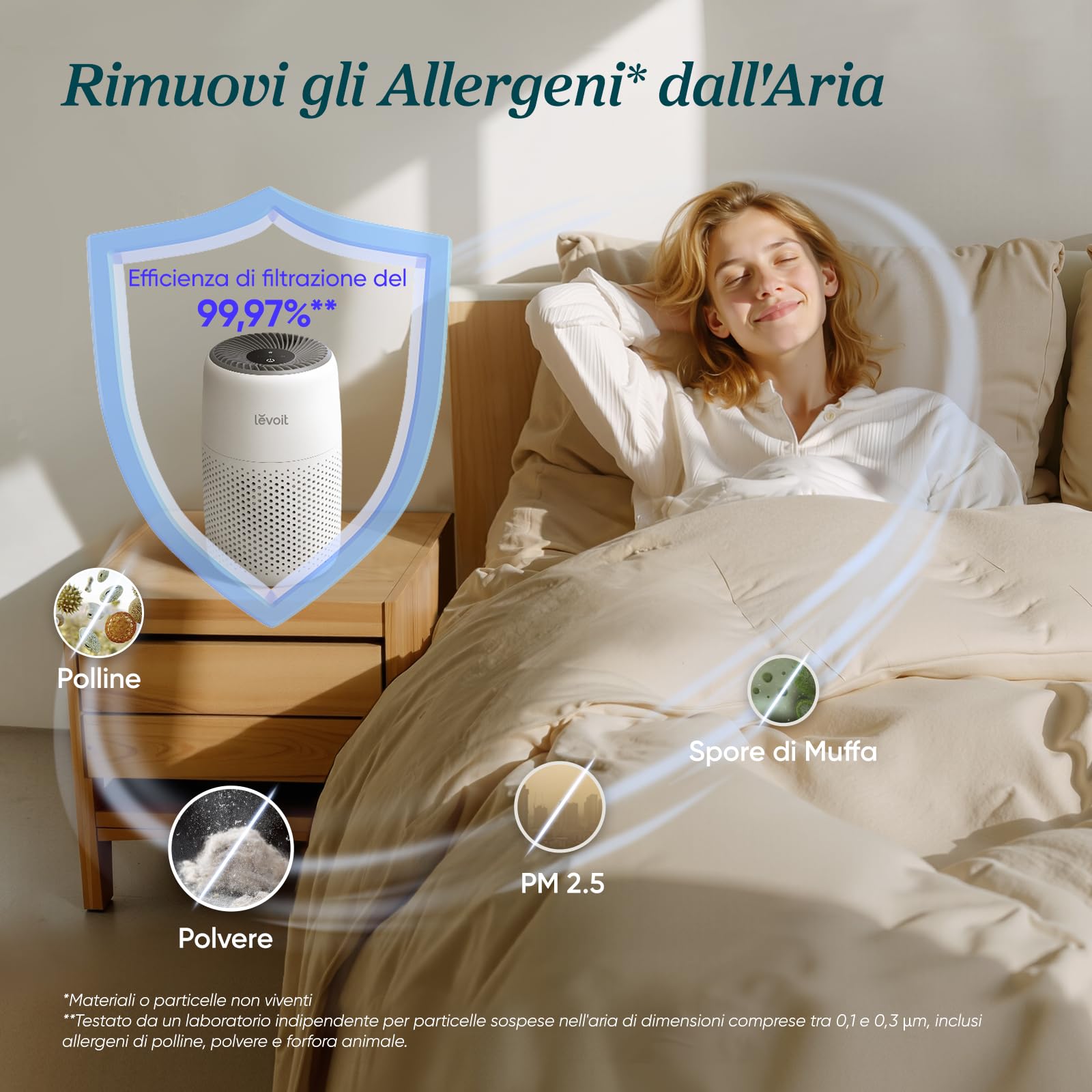 LEVOIT Purificatore d'Aria con Filtro HEPA, 7 Watt, Risparmio Energetico, 3 Velocità Contro Muffe, Polvere, Peli di Animali Fino a 0,3 μm Allergie, in Camera da Letto, 25 dB, Bianco