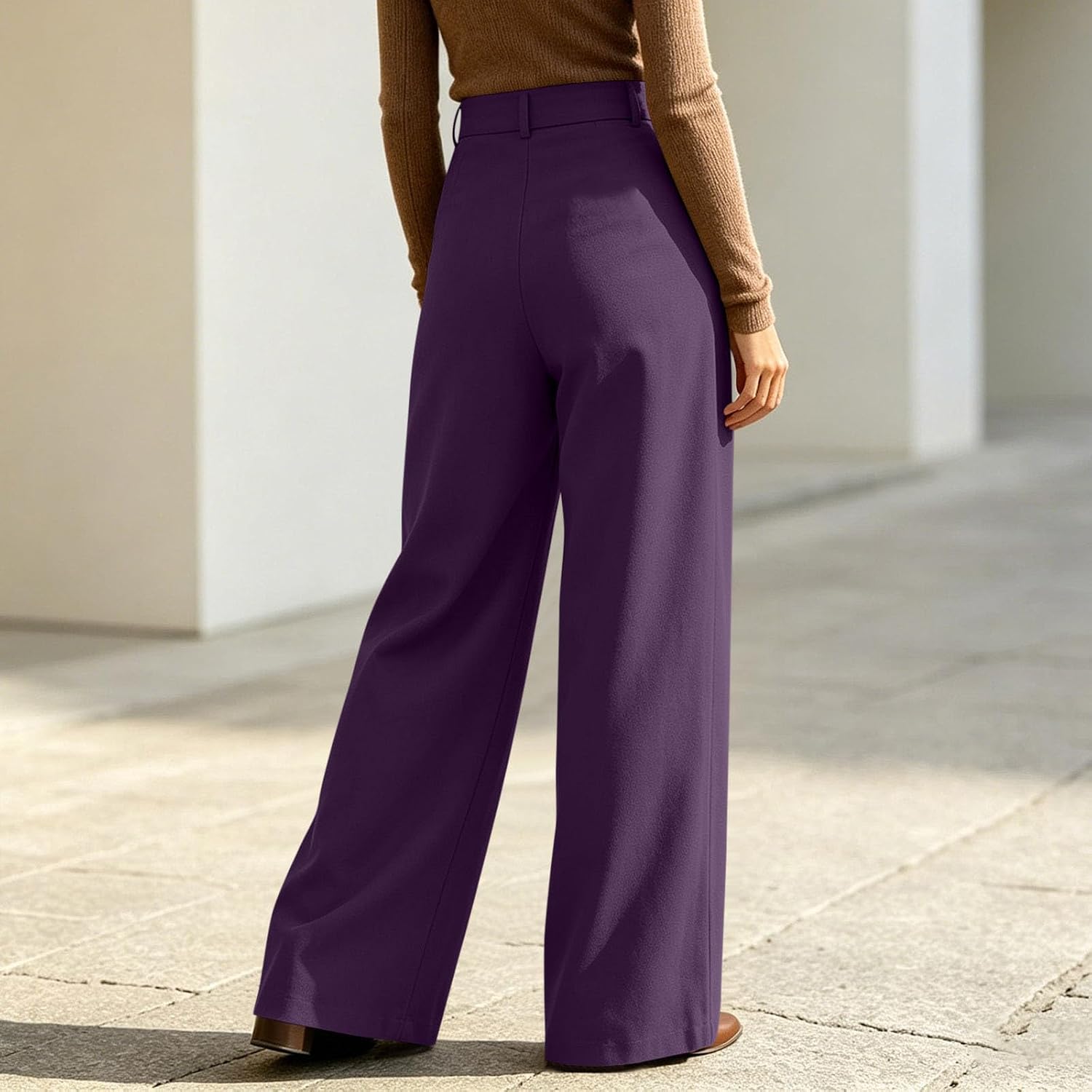 Womens Wide Leg Trousers Elastic High Waisted Business Casual Dress Pants with Pockets Pleated Flowy Work Slacks
