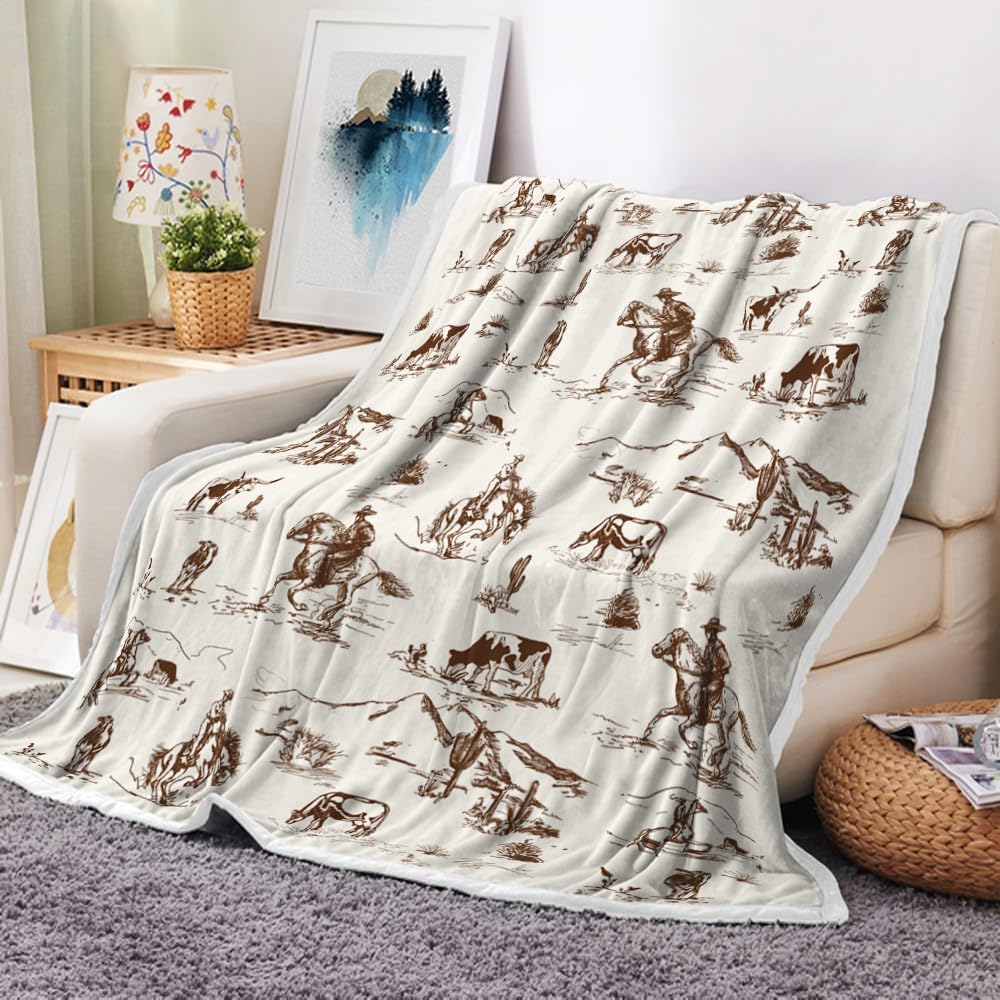 Western Cowboy Throw Blankets, Wild West Cowboy Ride Horse Desert Cactus Cozy Warm Bed Couch Blanket, Farmhouse Country American West Theme Fleece Flannel Throws to Decorate the Room and Bedroom