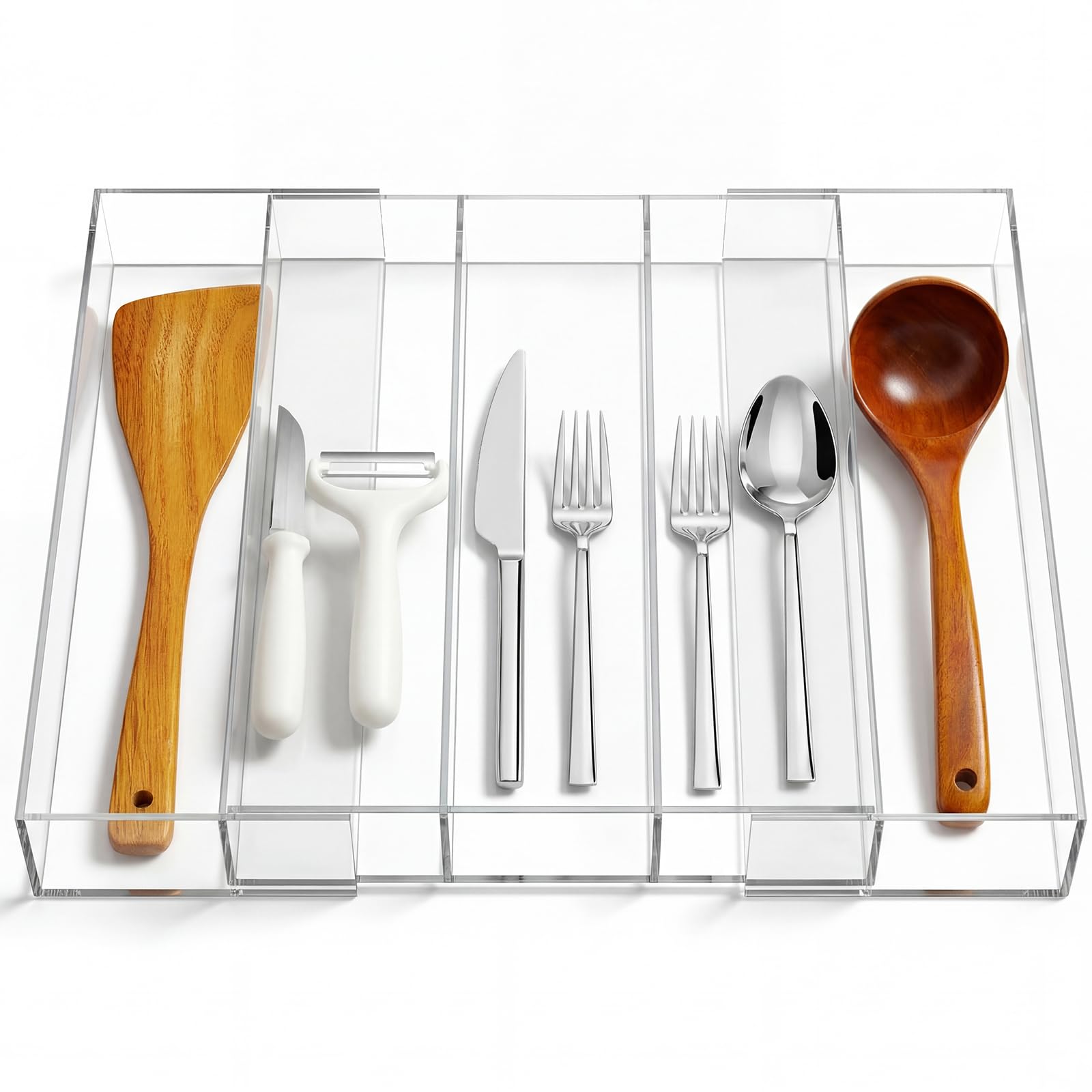 Teenyyou Organizador de cajones de cocina expandible, organizador de utensilios de acrílico transparente, organizadores de cubiertos de acrílico ajustable para cajones de cocina, cubiertos y cuchillos