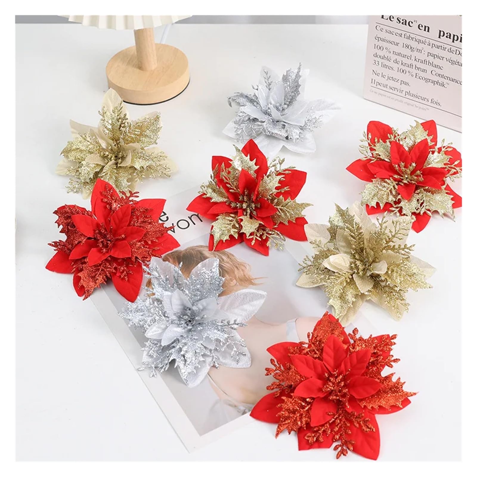CVEVSFG 2/5Pcs 14cm Glitter Artifical Flowers Mreey Tree Decor Happy Year Ornaments Xmas Fake Natal(Mixing,5Pcs)