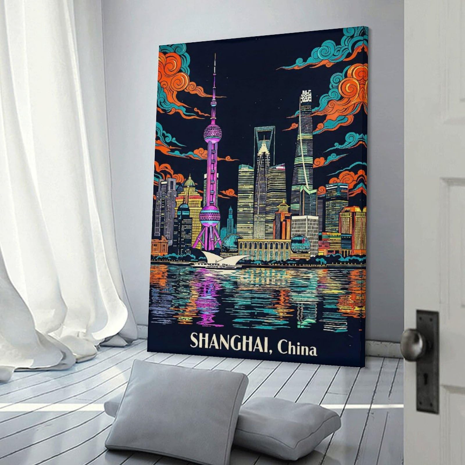 Junmoney Shanghai Skyline at Night Room Decor Wall Art, 20x30inch(50x75cm), for Hallway, Lounge Or Guest Room, Gift Idea for Housewarming And Birthdays