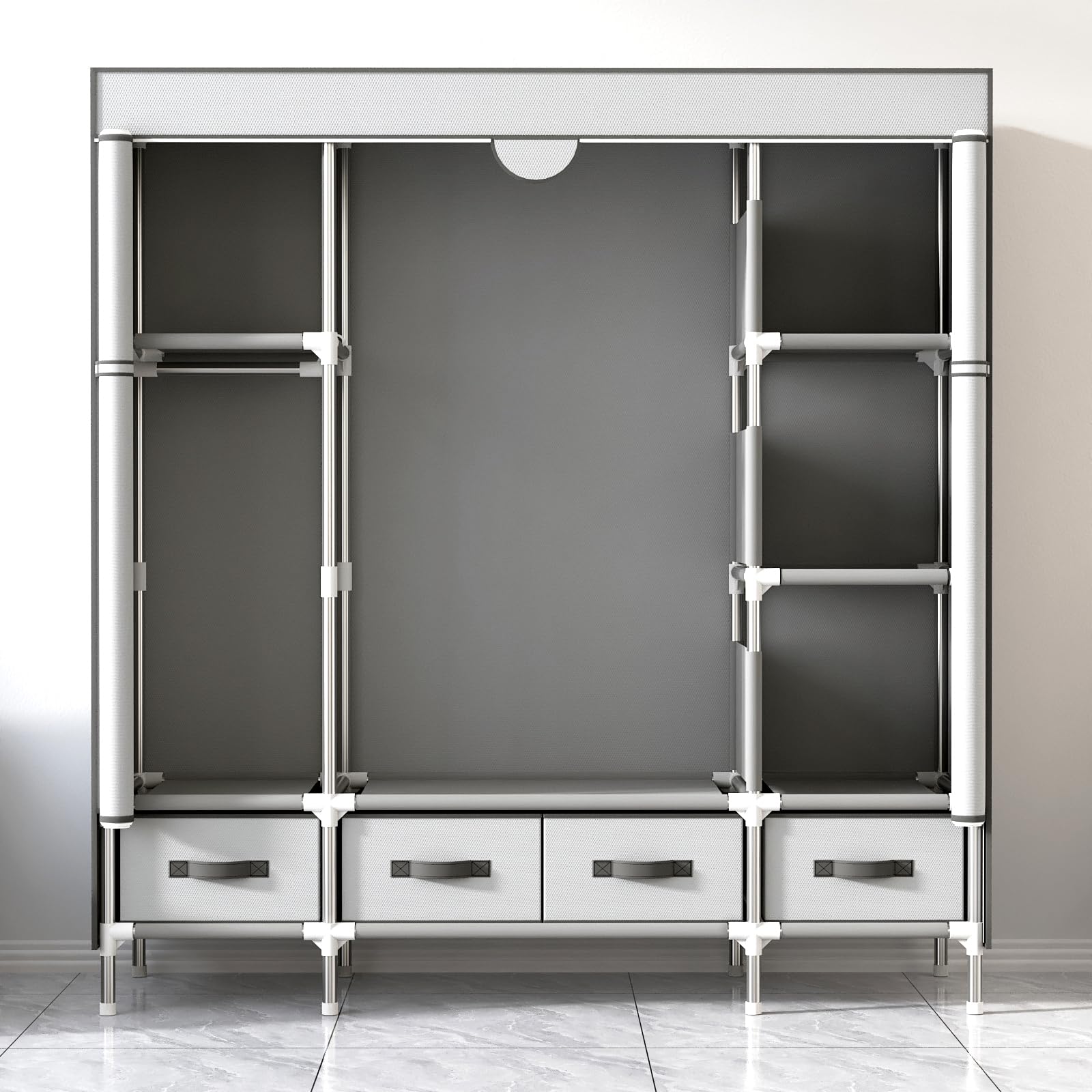 Armario de tela para dormitorio, perchero con cajones, plegable, con 2 barras para colgar ropa, 150 x 45 x 170 cm (blanco gris)