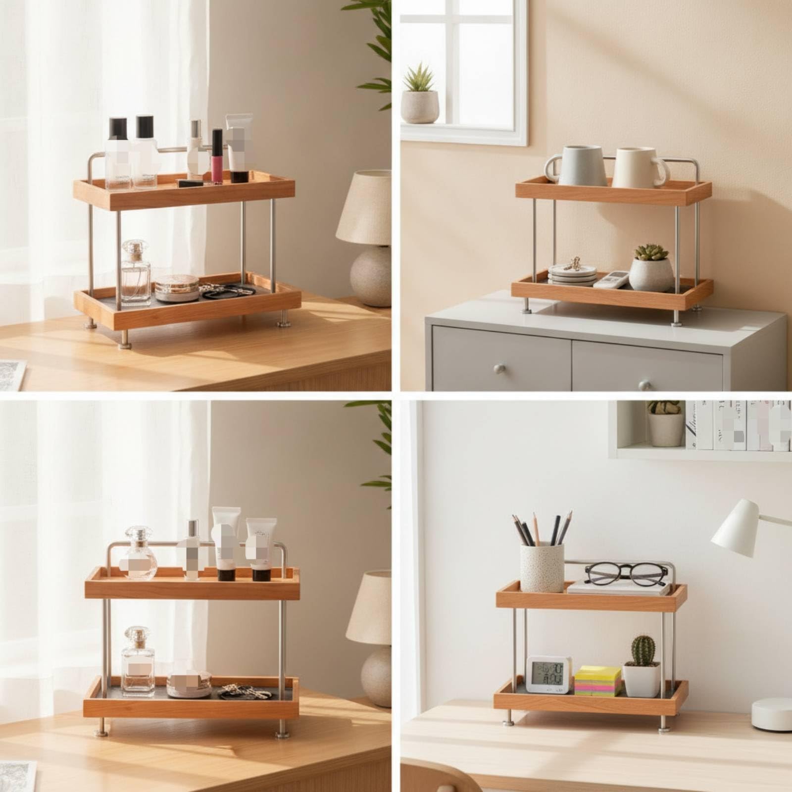 LOVIVER Estante de Maquillaje Organizador Tocador Repisa Bandeja Soporte de Almacenamiento de Dos Niveles con Madera de Cerezo y Soportes de Acero Cepillado