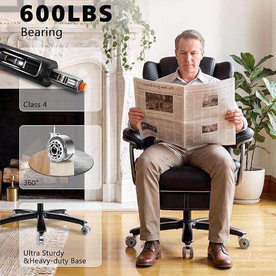 Big and Tall Office Chair 500lbs,Heavy Duty Executive Office Chair with Footrest,24.01 Wide Seat Reclining Desk Chair with Adjustable Lumbar Support,SGS Class 4 Gas Lift,Metal Base (Black)