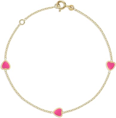 UNICORNJ 14k Yellow Gold Enamel Heart Bracelet Italian Vertical Stacked 3 Heart Station for Girls Made in Italy 6.5"