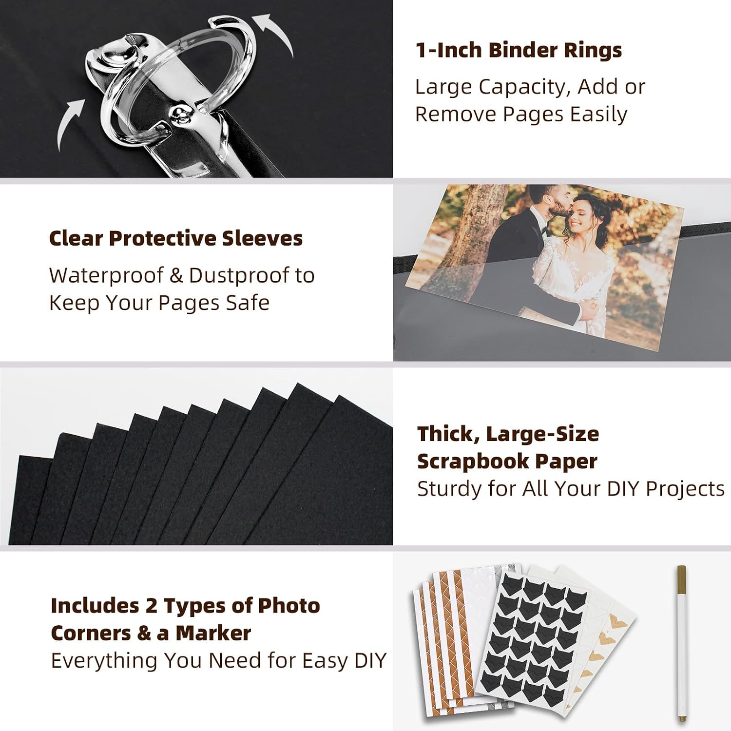 Vienrose 13x11 Inch 3 Ring DIY Scrapbook Album Gift Set, Faux Leather Cover Blank Scrapbooks Photobook with 30 Plastic Sleeves 60 Black Pages for Valentine Gift Wedding Family Anniversary Navy Blue