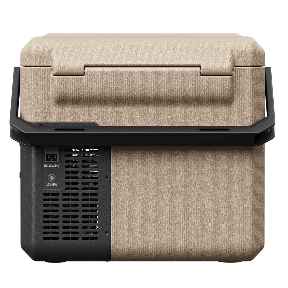 Yolco ET18 piaskowa lodówka podróżna z kompresorem, 18 l, z akumulatorem SC4B, przenośna lodówka i zamrażarka do -20°C, 12/24 V DC i 230 V, USB, do samochodu, ciężarówki, łodzi, na kemping, szara