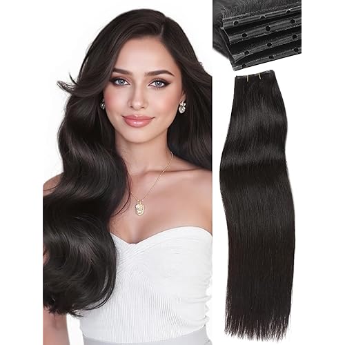 WIGNEE New Double Layered PU OVO Hair Extensions Natural Black Straight Human Hair weft with beads 100% Real Human Hair Extensions 20 Inch Seamless Micro Beads Human Hair Extensions Glueless (1B)