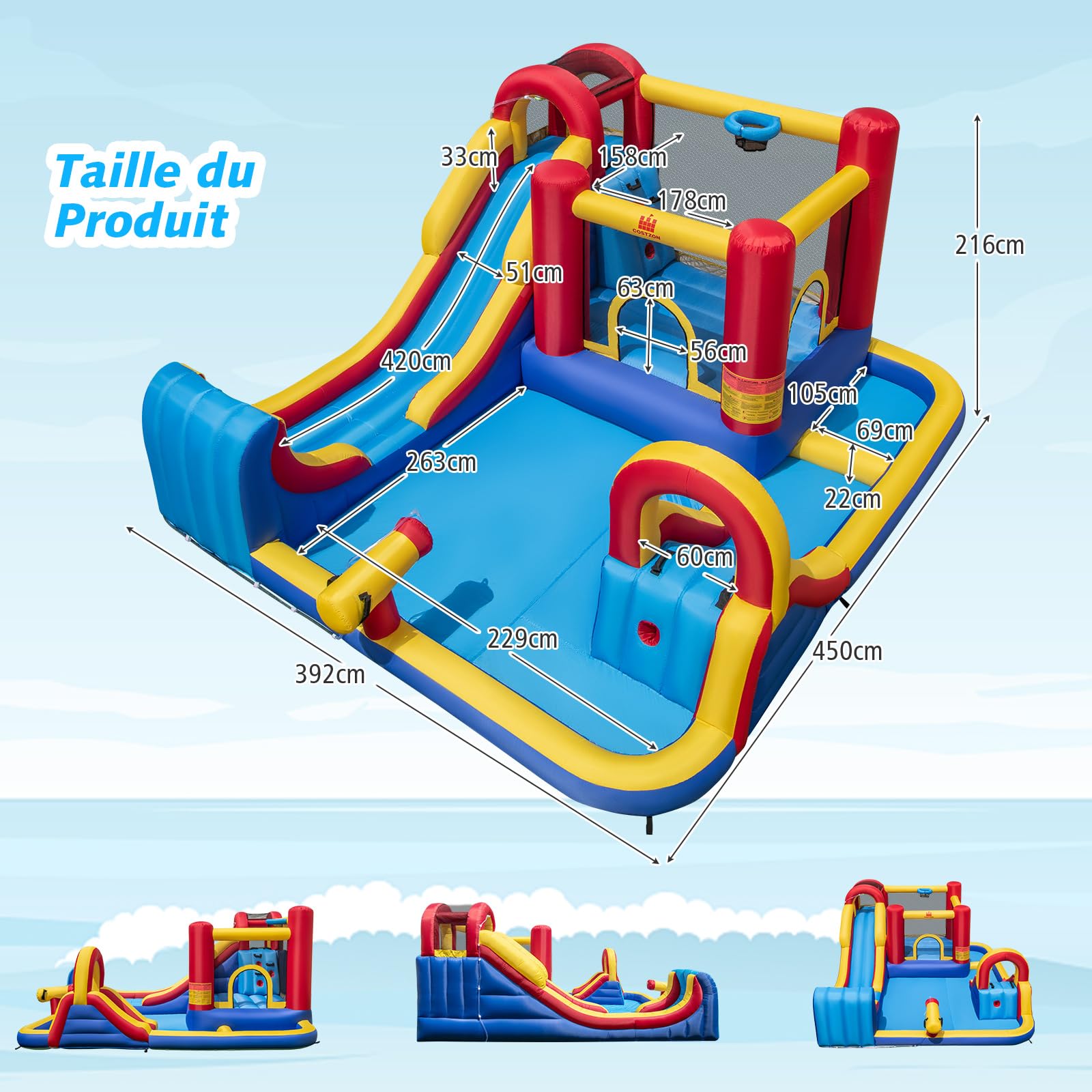 COSTWAY Château Gonflable avec 2 Toboggans et Maison de Saut, Aire de Jeux Gonflable avec 2 Piscines et Panier de Basket, Mur d'escalade, Intérieur Extérieur jusqu'à 3 Enfants de 3-12 Ans