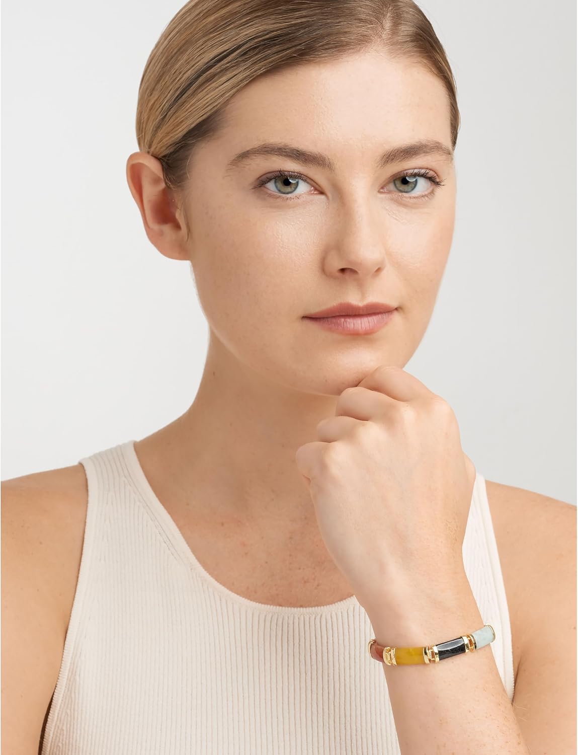 .925 Sterling Silver 18K Yellow Gold Plated Genuine Multi-Color Jade Rectangle Link Bracelets for Women - Timeless Good Fortune Fu Symbol Sterling Silver Bracelet for Women, 7.25 inch