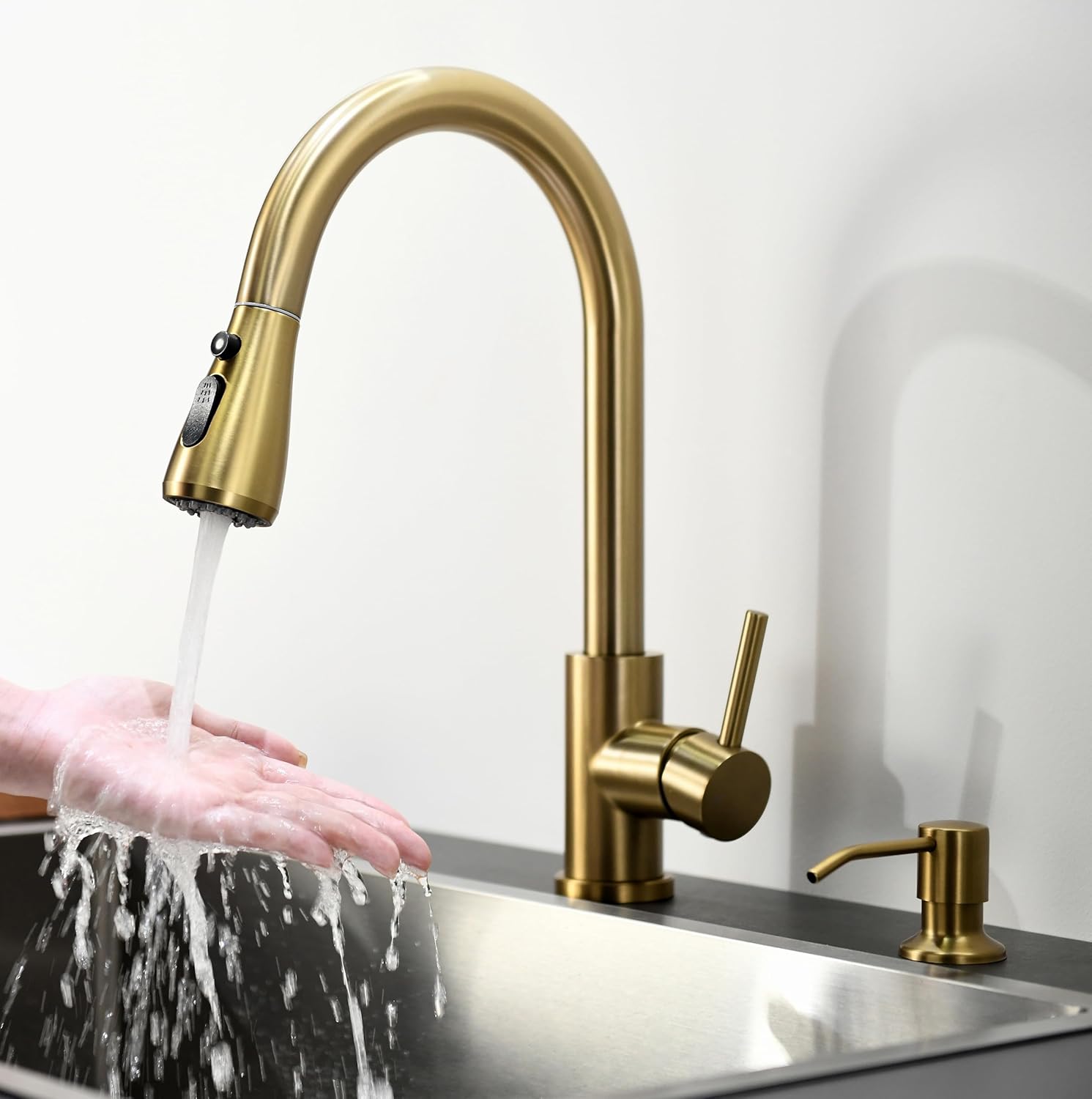 Kitchen Sink Faucet with Soap Dispenser, Brushed Gold Kitchen Faucet with Pull Down Sprayer 3 Modes, High Arc Stainless Steel Single Handle Kitchen Faucets for Bar RV Sink ZY-YBCL001-GOS