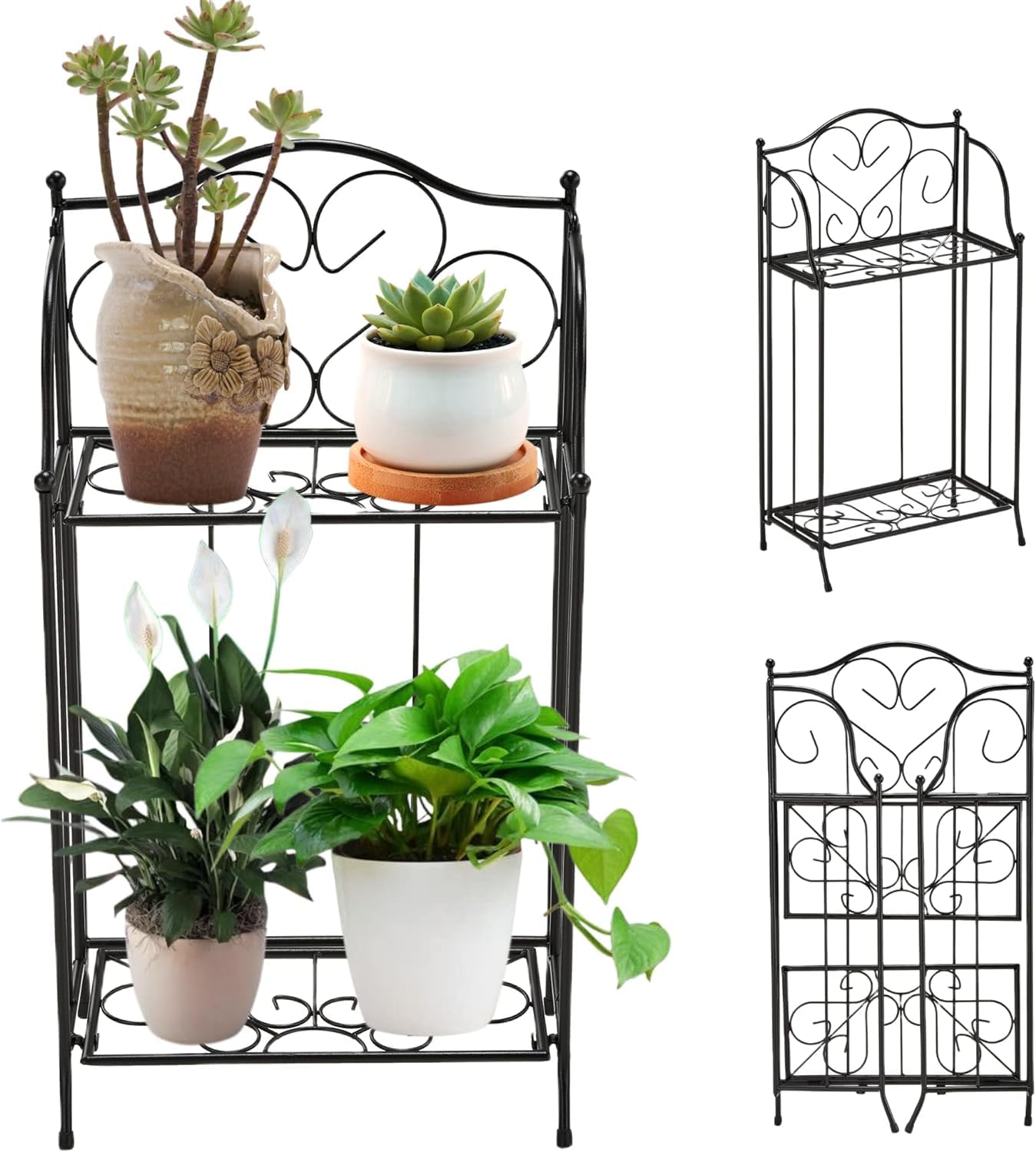 Kundi Foldable 2 Tier Metal Plant Stand Scrollwork Design Indoor and Outdoor Flower Rack Pot Shelf Home Storage Organizer Shelf, Black (Plain Plant Stand) (B0CSFXQSZP) Amazon Price History, Amazon Price Tracker