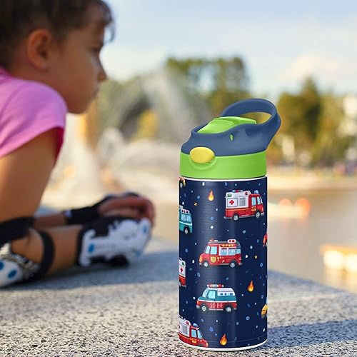 Miniatura 6 de Boccsty Botella de agua para niños con diseño de ambulancia de dibujos animados, con tapa con pajilla, camión de bomberos, camión de bomberos, vaso