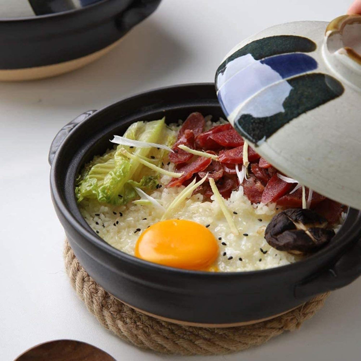 FUfIzU Patelnie Ceramiczna patelnia do steków Ramen Garnki do makaronu Japońskie urządzenie do gotowania ryżu Donabe, garnek do zapiekania z pokrywką Czarny garnek do powolnego gulaszu, garnek,2800ml