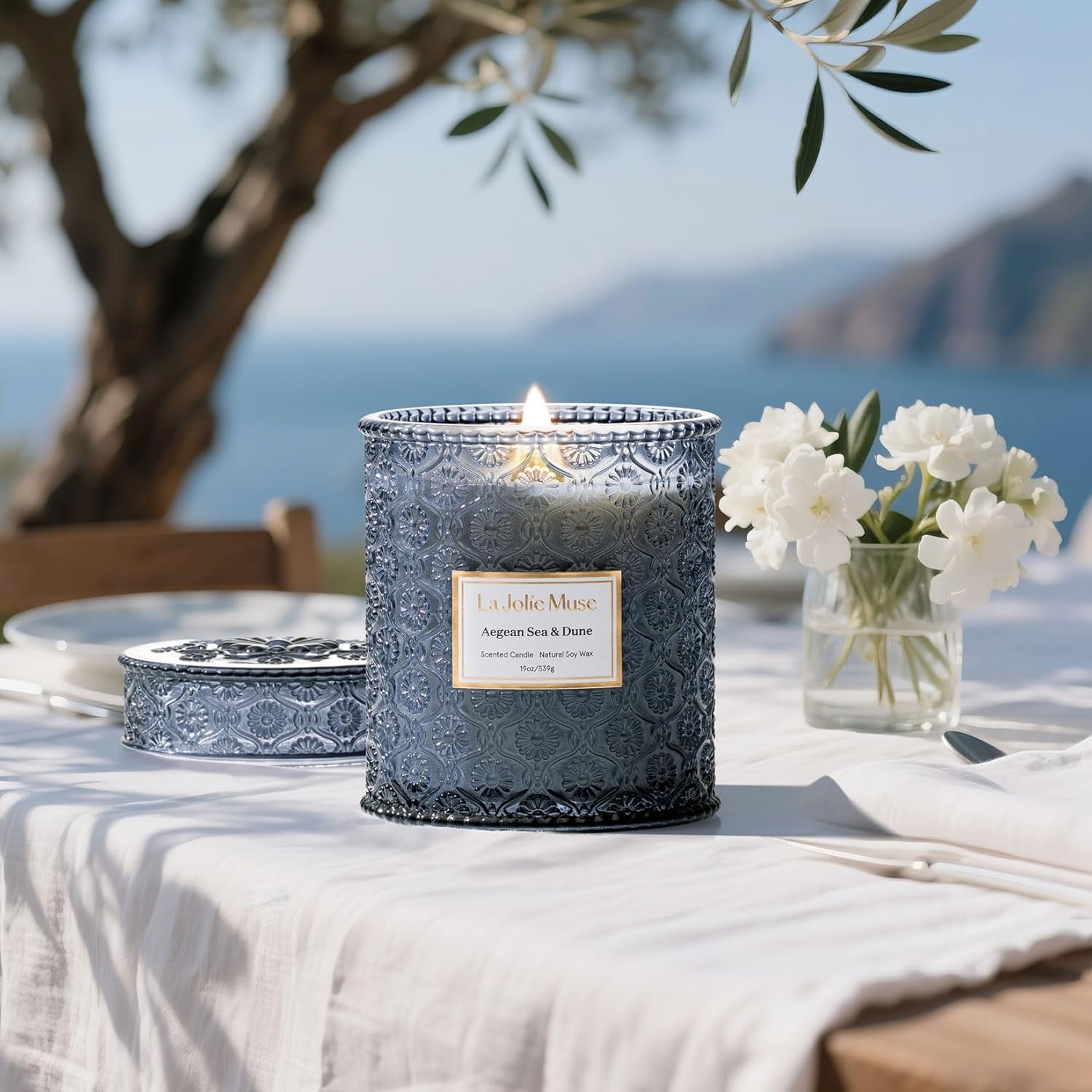 LA JOLIE MUSE Aegean Sea & Dune Candle –Cool Water, White Florals & Warm Amber | 19 oz Large Wooden Wick Candle | Natural Soy Wax | 90 Hours Clean Burn | Gift-Ready for Hosts & Gatherings - Image 3